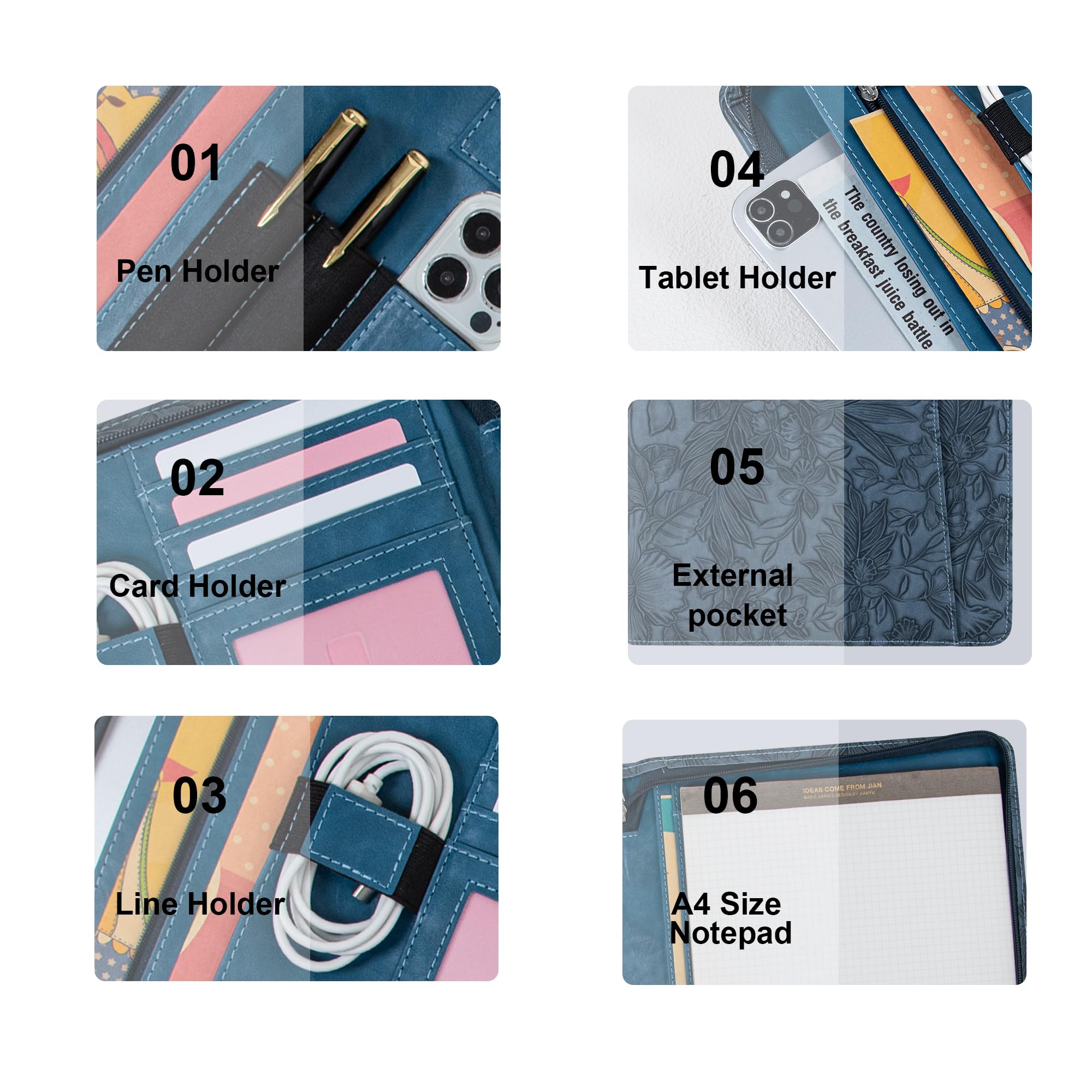 Cartera de piel sintética en relieve para mujer, organizador profesional de 3 anillos con soporte para bloc de notas A4, organizador profesional de documentos de negocios para mujeres