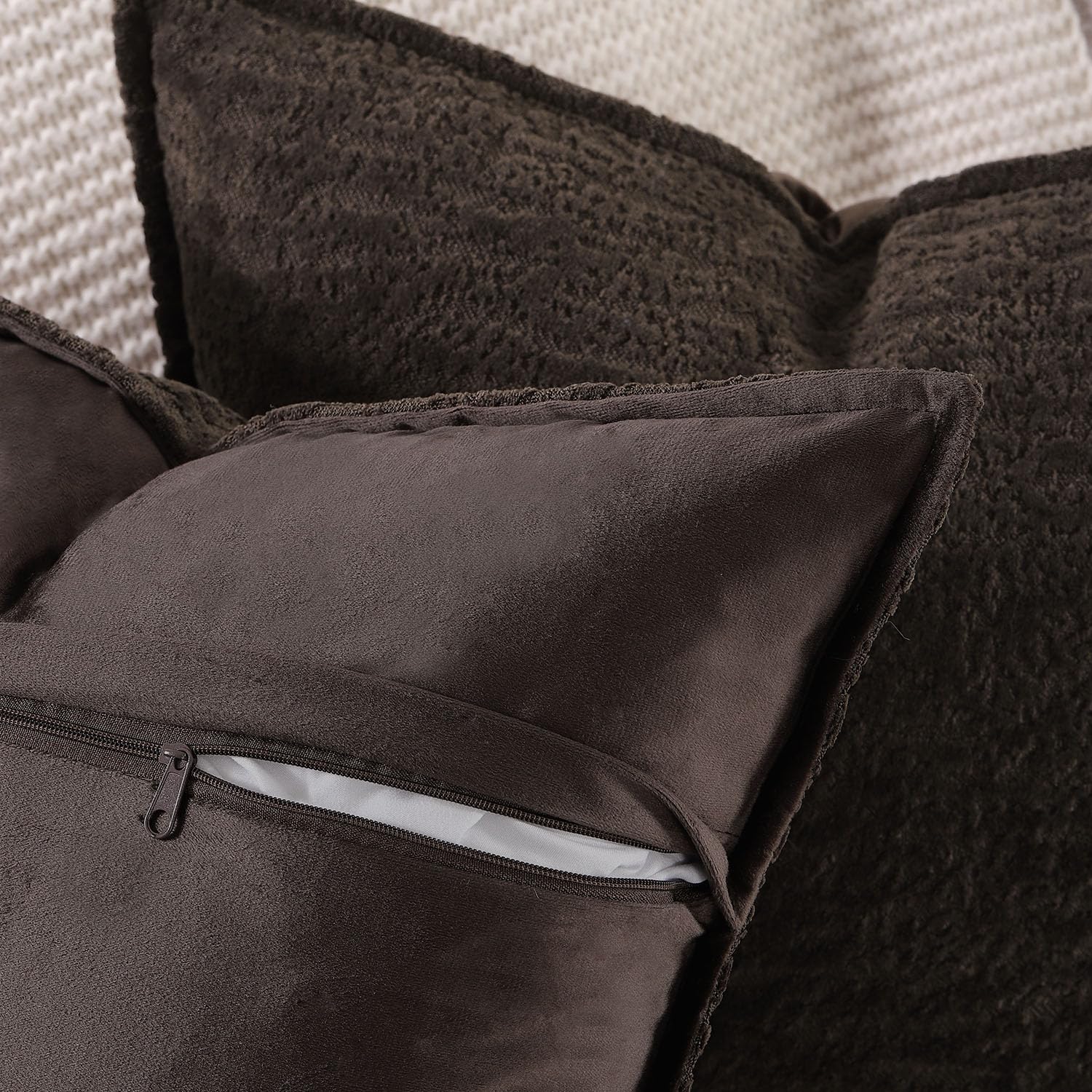 Madizz Pack of 2 Chenille Velvet Cushion Covers 40x40 cm Dark Taupe Soft Neutral Decorative Throw Pillow Covers Accent Boho Pillowcases for Couch Sofa Modern Farmhouse Home Decor - Image 3