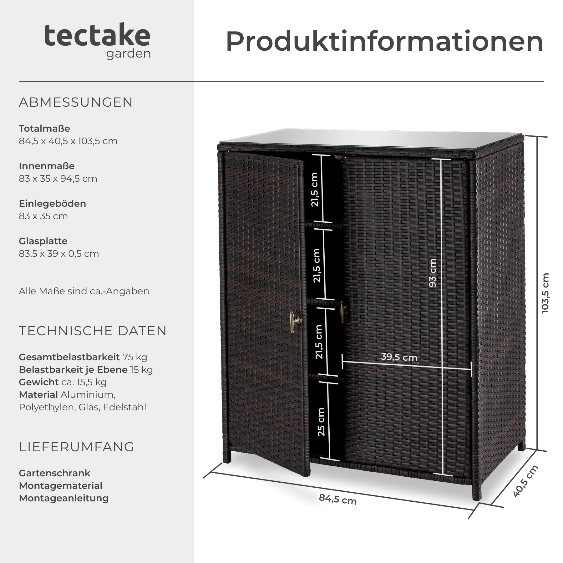 TecTake Rattan Gartenschrank 84,5x40,5x103,5 cm Aluminium Gestell Outdoor Schrank mit Einlegeböden braun