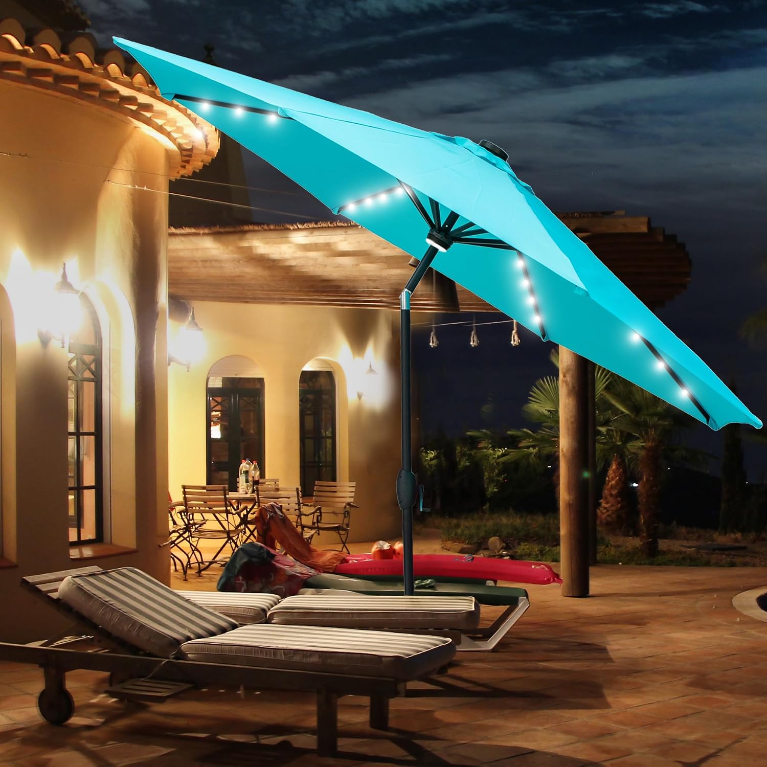 GDY 10Ft Patio Umbrella, Table Umbrella with 40 LED Lights, Outdoor Umbrellas for Patio, with Tilt and Crank, Center Light, for Garden, Deck, Backyard, Pool, and Beach.
