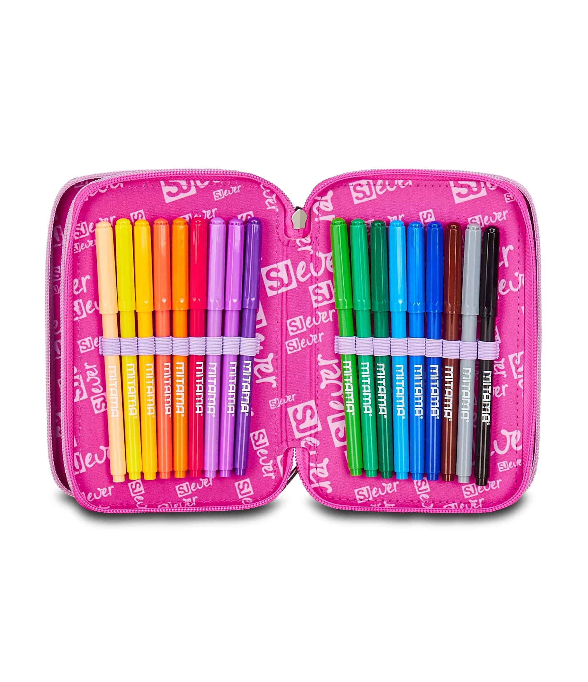 SJ GANG STYLE JAM GANG Astuccio Scuola 3 Zip Sj Ever, Fucsia, Portapenne Triplo Scomparto Completo Di Penne, Matite, Colori, Accessori Zaino, Scuola Elementare, Bambina