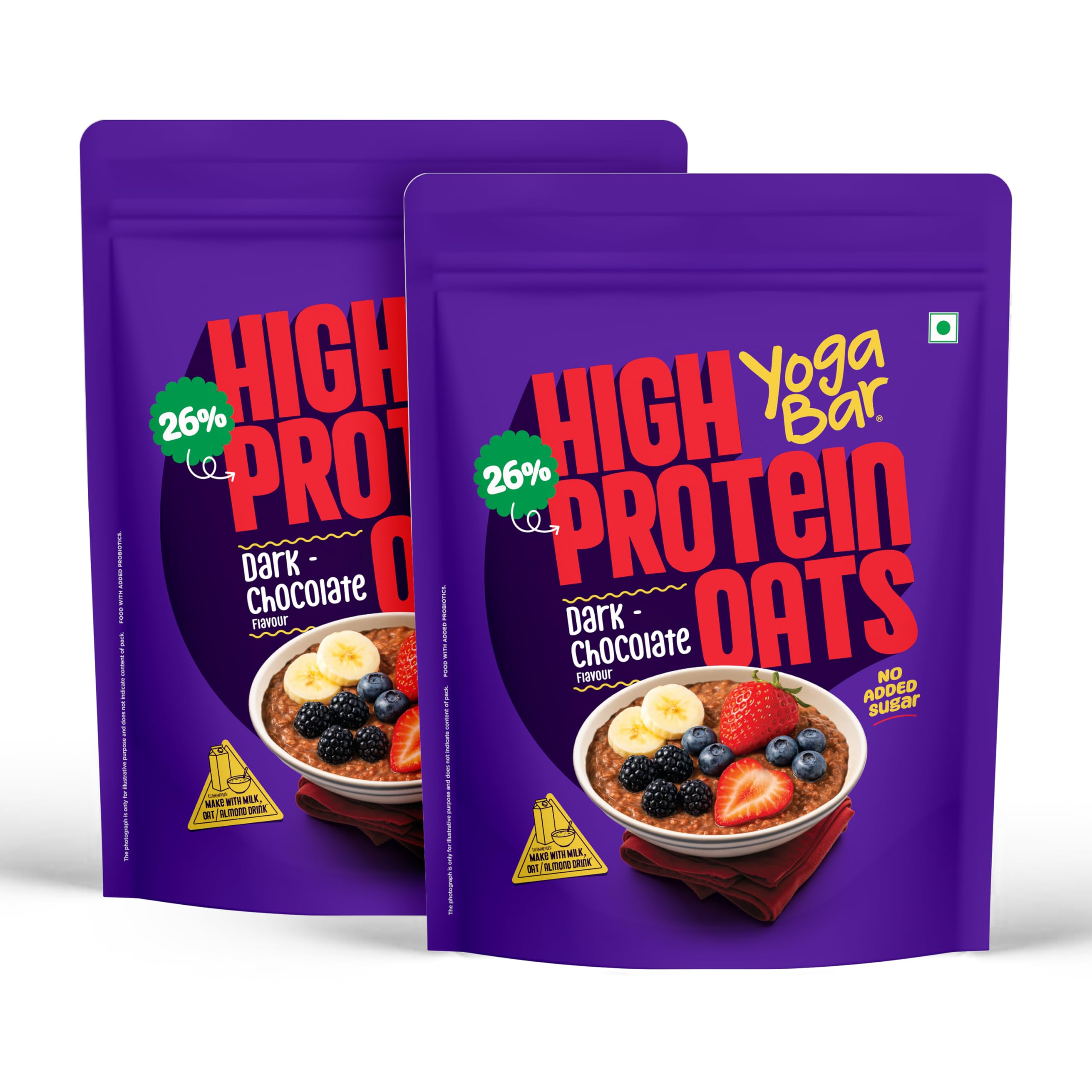 Yogabar 26g High Protein Oats 1kg, Pack of 2 , Dark Chocolate - Breakfast Cereal with Wholegrains, 26% Protein & No added sugar - Oats High Protein for Gym & Weight Management - Premium Protein Blend with Whey Protein Powder - with Goodness of Chia, Sunflower & Pumpkin Seeds & Probiotics for Absorption