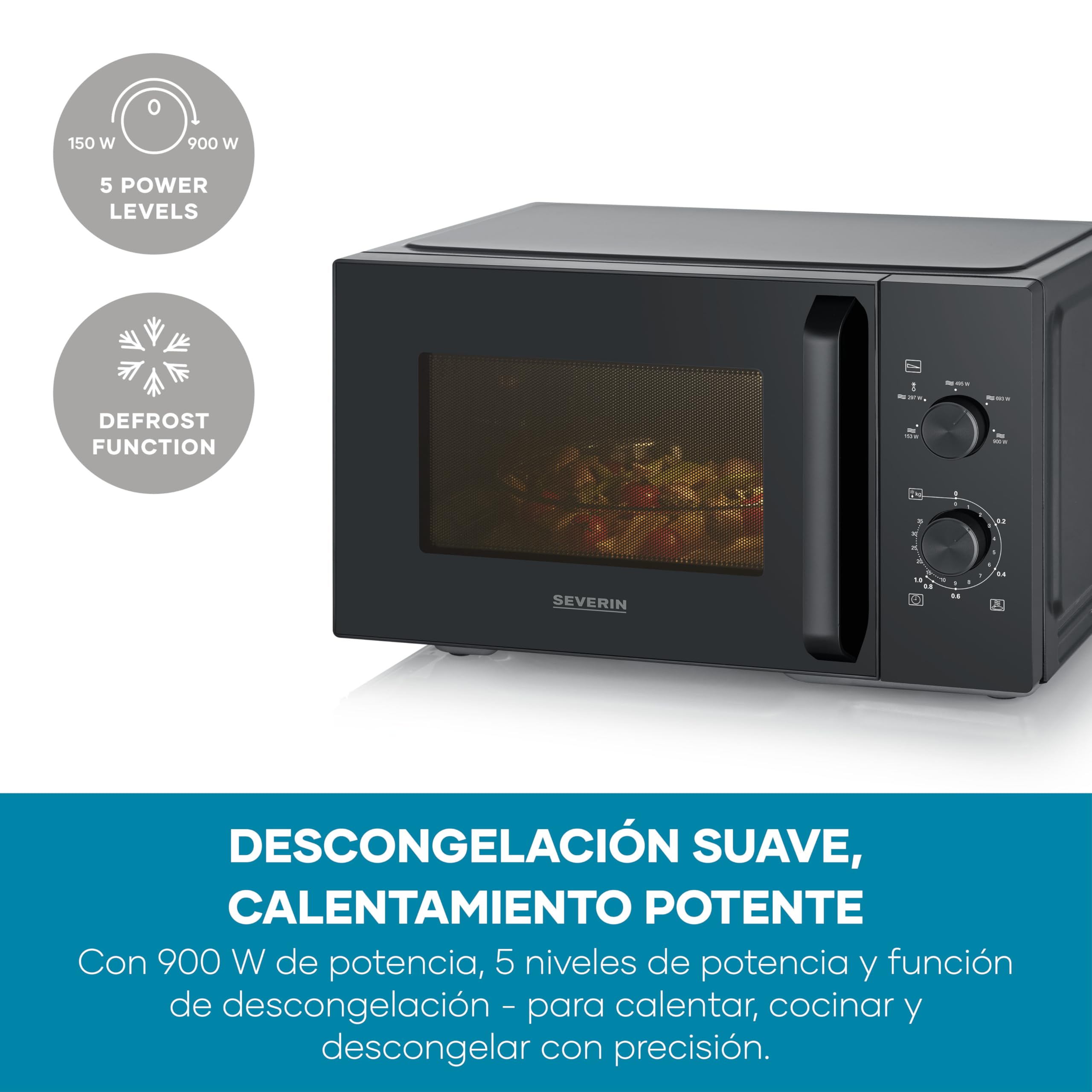 Severin Microondas, para descongelar y calentar, interior XXL, 28 l, horno microondas con plato giratorio de cristal extraíble, 5 niveles, temporizador de 35 minutos, 900 W, negro/metal, MW 7796