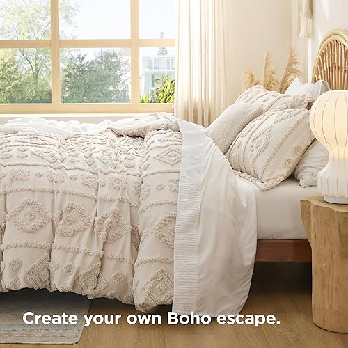 Miniatura 5 de Bedsure Funda de edredón bohemia tamaño Queen Ropa de cama bohemia copetuda beige, ropa de cama bordada estilo rústico chic para todas las