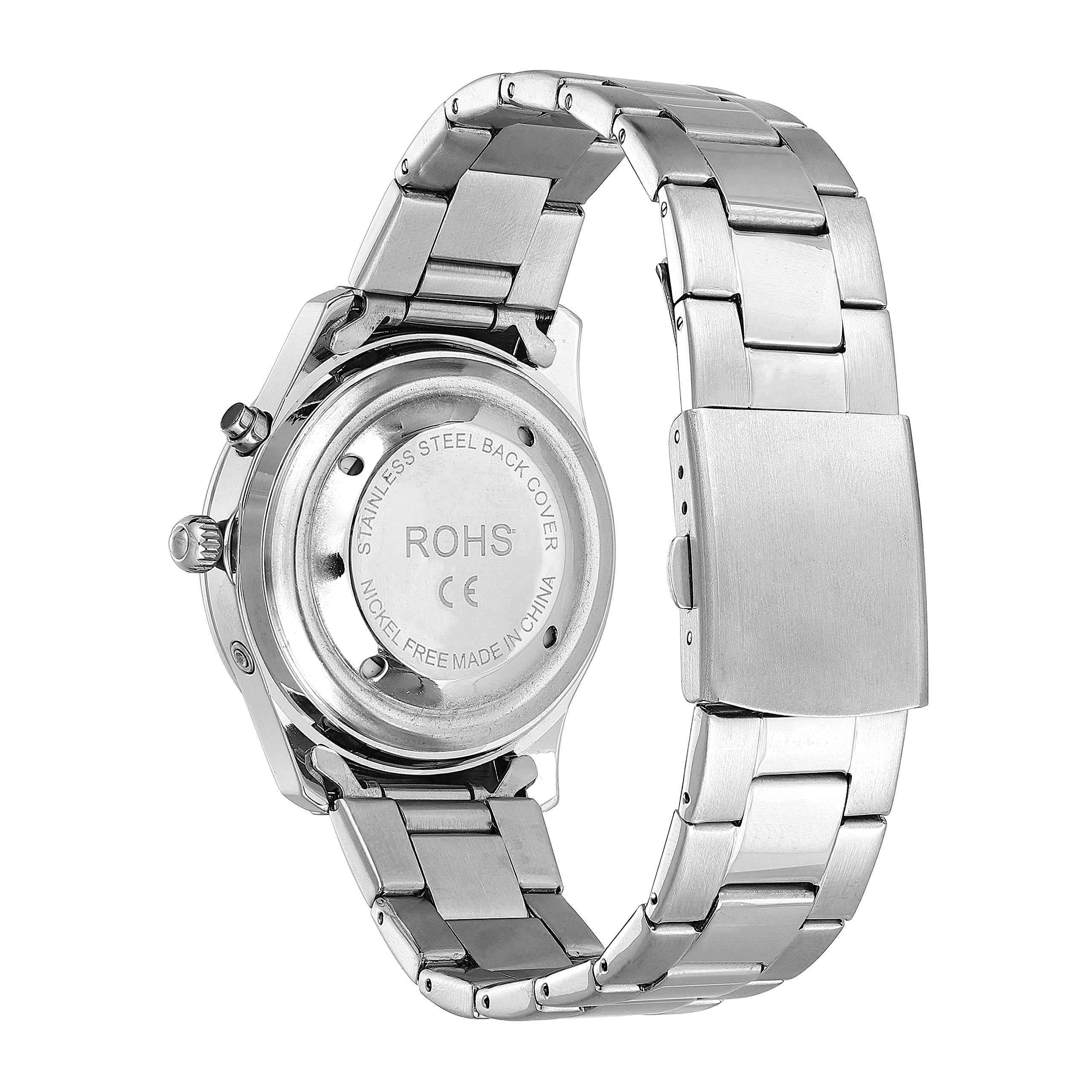 Englilsh - Reloj parlante, caja de acero inoxidable plateado, cinturón de acero inoxidable plateado, impermeabilización doméstica