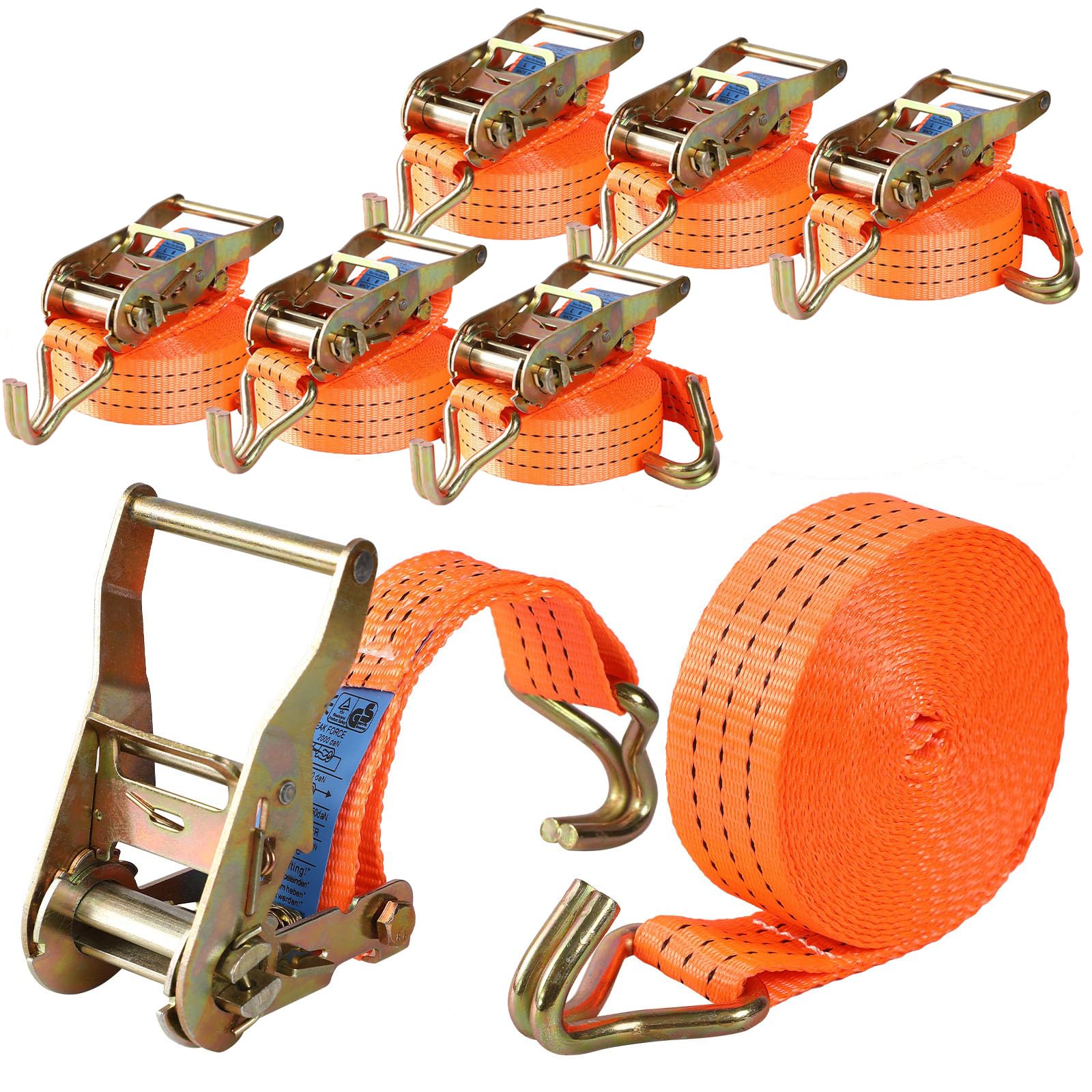 Pamatio 6 Pack 2000 kg Ratchet Straps With J-Hooks, Tensioning Belts Adjustable, 6m x 3.8cm, Ratchet Tie Down Straps For Trailers, Cars, Motorcycle (Orange) — image 1