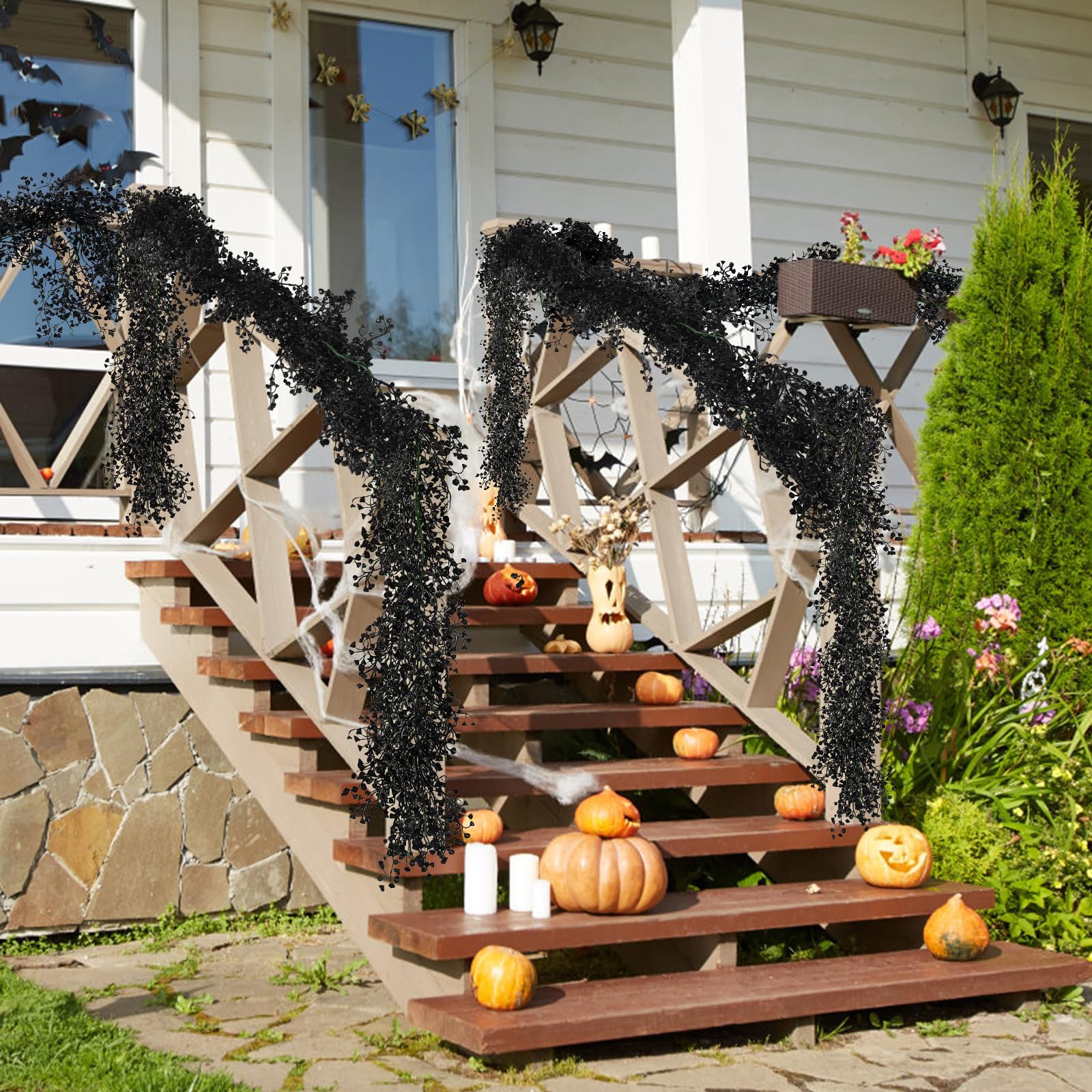 Girlanda ze sztucznej czarnej glicynii, winorośli, 1,5 m, plastikowe sztuczne winorośle, upiorna gotycka dekoracja na Halloween, imprezę, ganek ścienny
