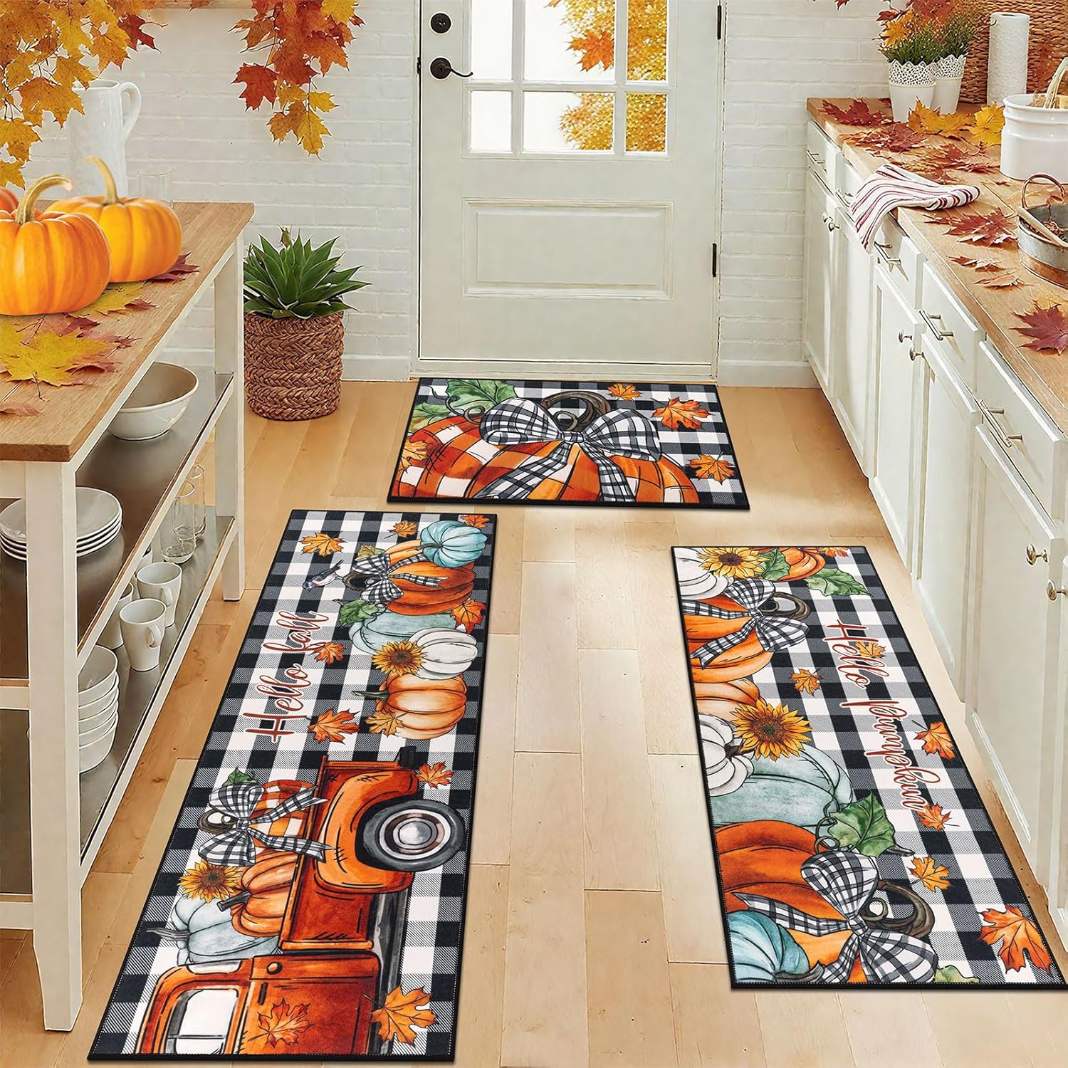 U'Artlines Fall Pumpkin Kitchen Rugs with Runner Sets 3 Piece Farmhouse Seasonal Harvest Holiday Party Rugs and Mats Non Skid Washable Kitchen Floor Mats for Home Hallway Laundry Decor(Black)