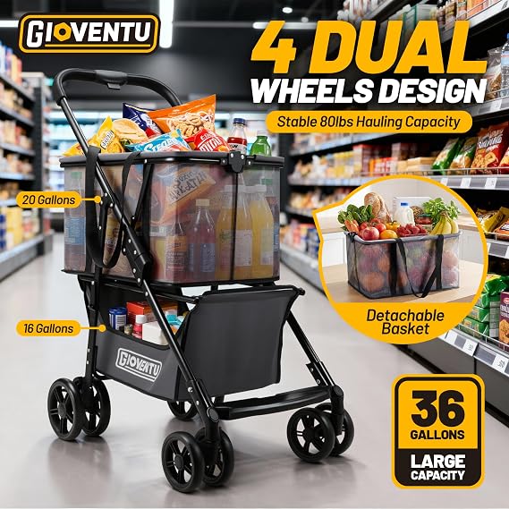 2026 Upgraded Folding Shopping Cart with Wheels, 80lbs Multi Use Grocery Carts with 360 Wheels & Removable Tote Bag, Multifunctional Portable Personal Shopping Carts for Groceries, Black