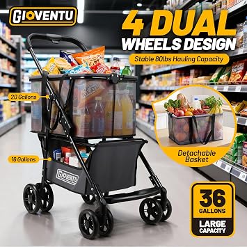 2026 Upgraded Folding Shopping Cart with Wheels, 80lbs Multi Use Grocery Carts with 360 Wheels & Removable Tote Bag, Multifunctional Portable Personal Shopping Carts for Groceries, Black