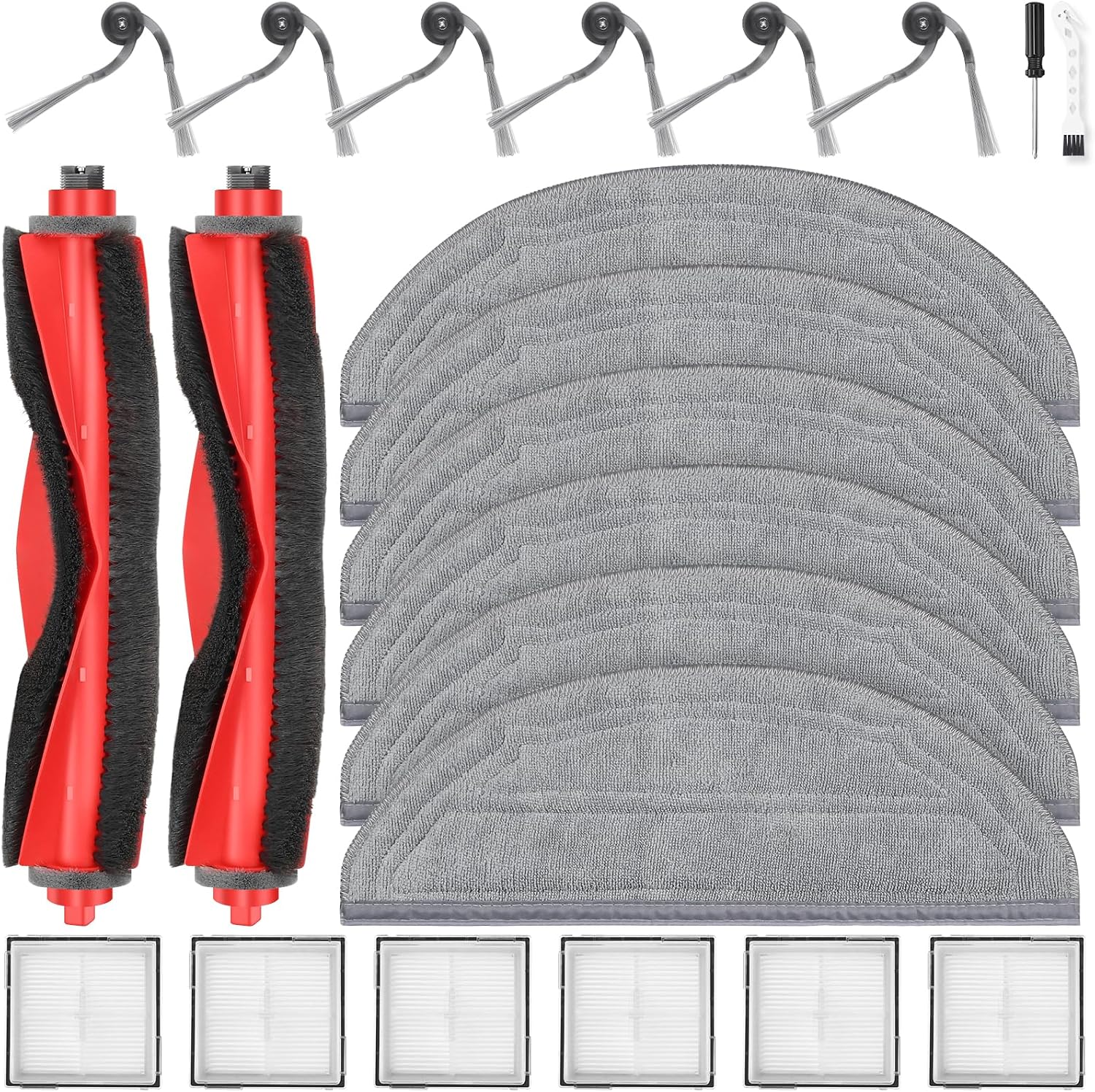 22 Pack Replacement Accessories Kit Compatible with Roborock Q10 S5/Q10 S5+/Q10 X5/Q10 X5+ Robot Vacuum, 2 Main Brushes, 6 Side Brushes, 6 Mop Pads, 6 HEPA Filters, 1 Screwdriver, 1 Cleaning Tool