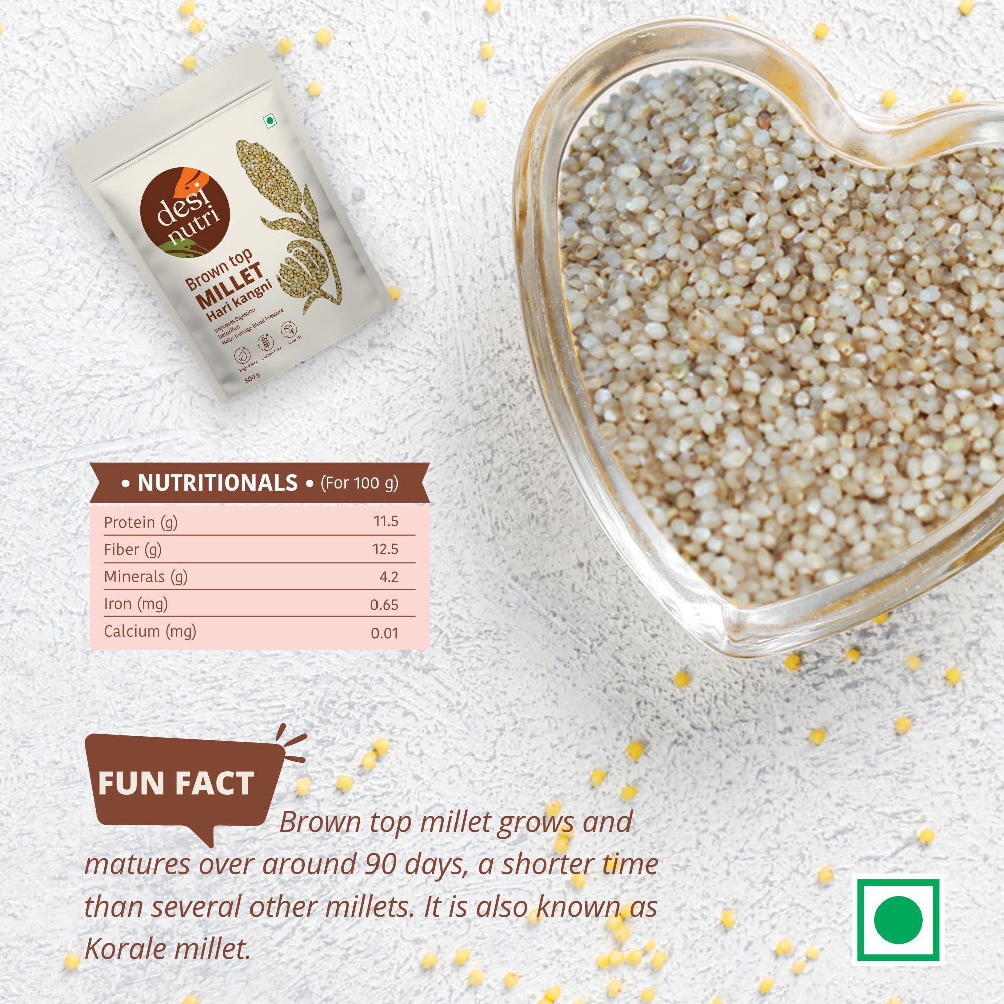 Desi Nutri Brown Top Millet Grains | Millets | Natural Grains | Andu Korralu | Korale | Choti Kangni | Brown Top Millet - 500 gms, Pack of 1