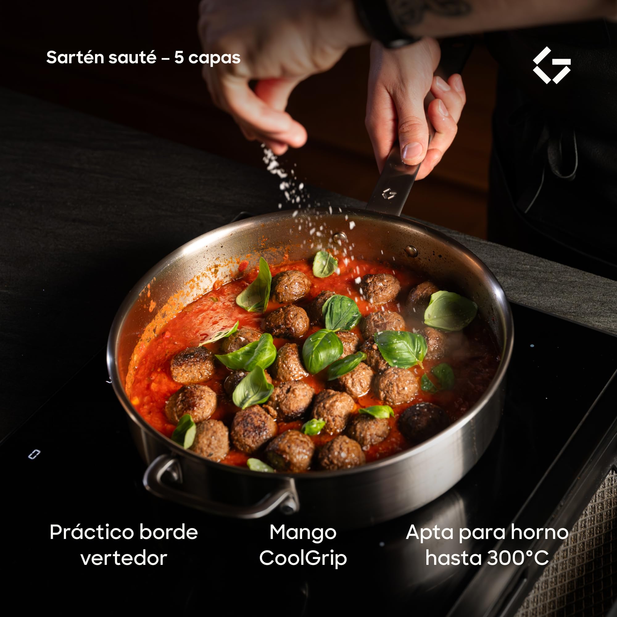 Gastrotools Sartén de acero inoxidable de 28 cm con tapa, sartén de acero inoxidable de 5 capas, sartén universal con asa CoolGrip, libre de PFAS, apta para todo tipo de cocinas
