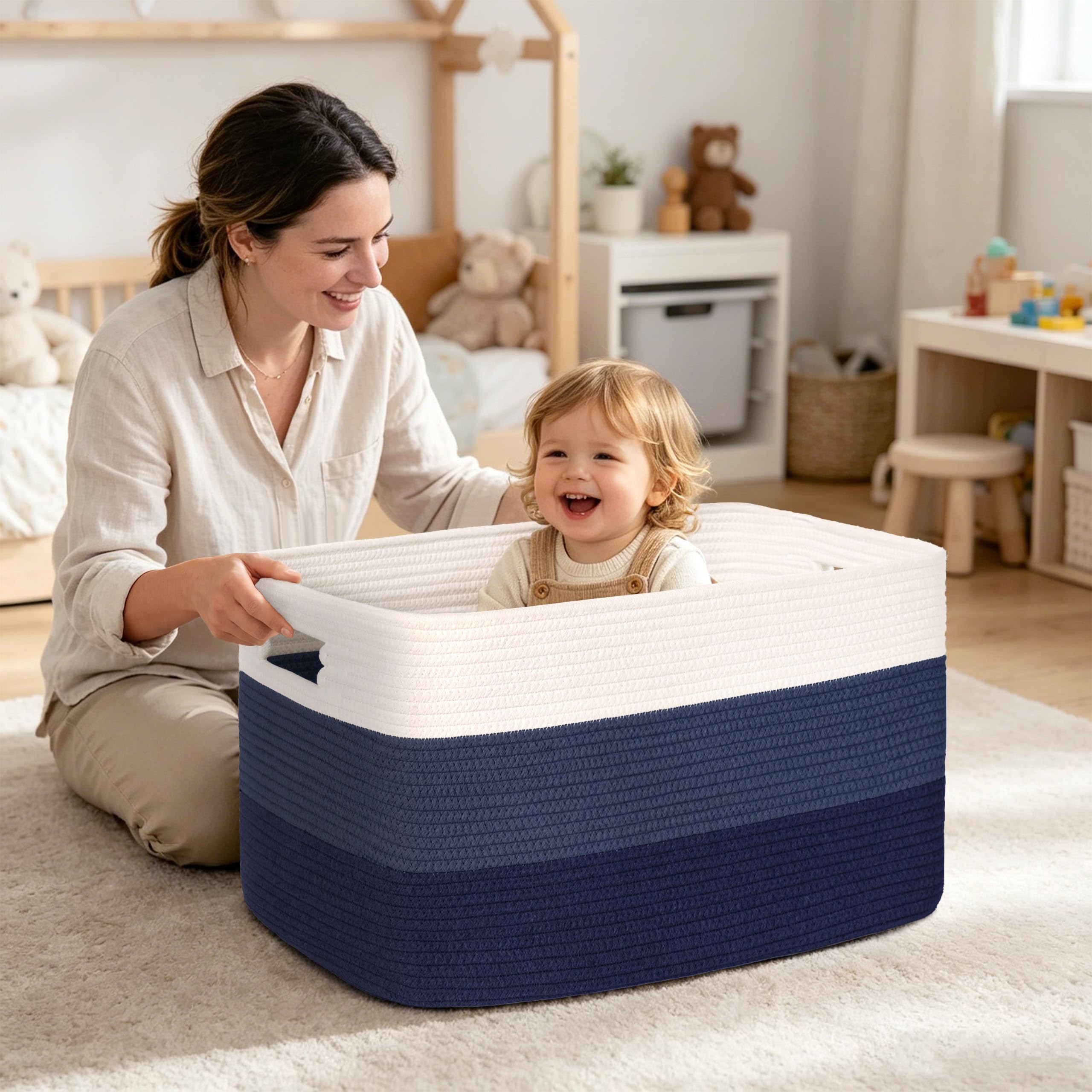Gran organizador 60L en cuerda de algodón, cesto para juguetes, mantas, ropa, trenzado con asas, recogedor de ropa de tela para decoración de habitación infantil o salón, degradado azul