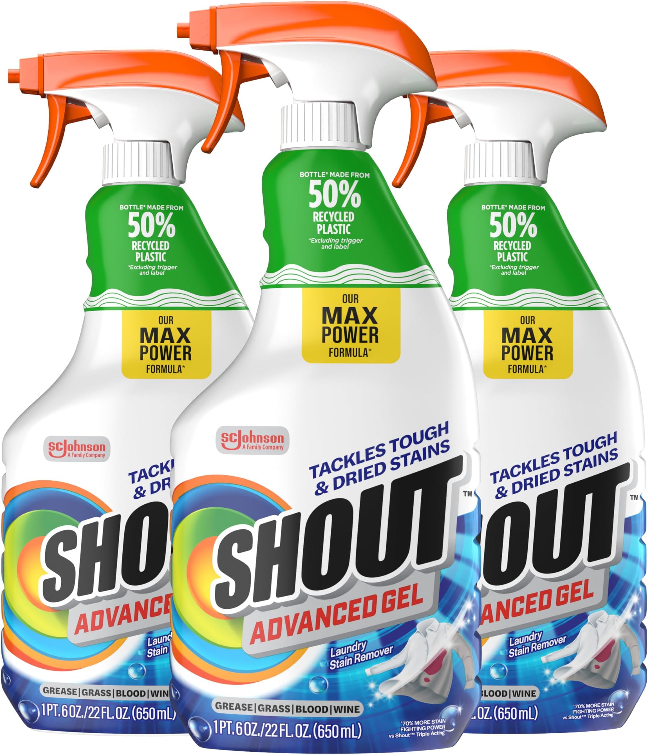 Shout Advanced Laundry Stain Remover Gel for Clothes Laundry, Breaks Down Stubborn, Dried-in, and Tough Stains, 22oz Spray, Pack of 3 (Packaging May Vary)