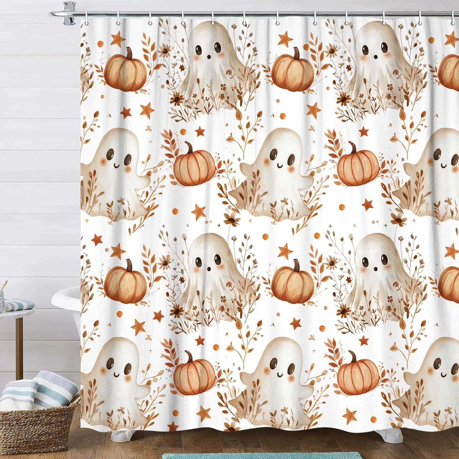 DYNH Halloween Ghost Shower Curtain, Cute Ghost Floral Rustic Flowers Pumpkin Funny Halloween Bathroom Fabric Shower Curtain Set Decor with Hooks,72X75In