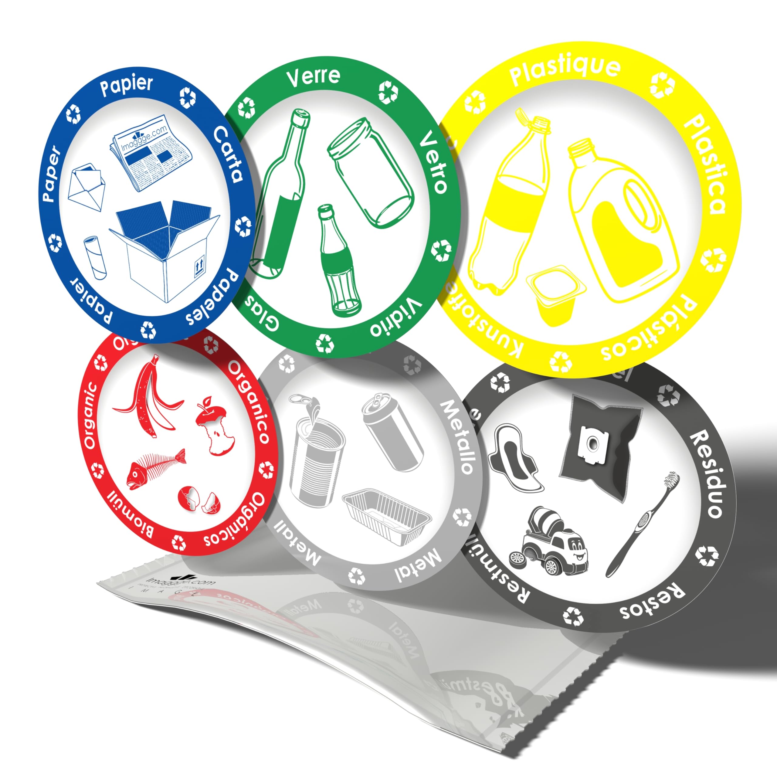 Autocollants d'information - Pictogrammes pour l'organisation du tri sélectif des déchets pour poubelle ou conteneur - 6 stickers ronds - 9,5cm