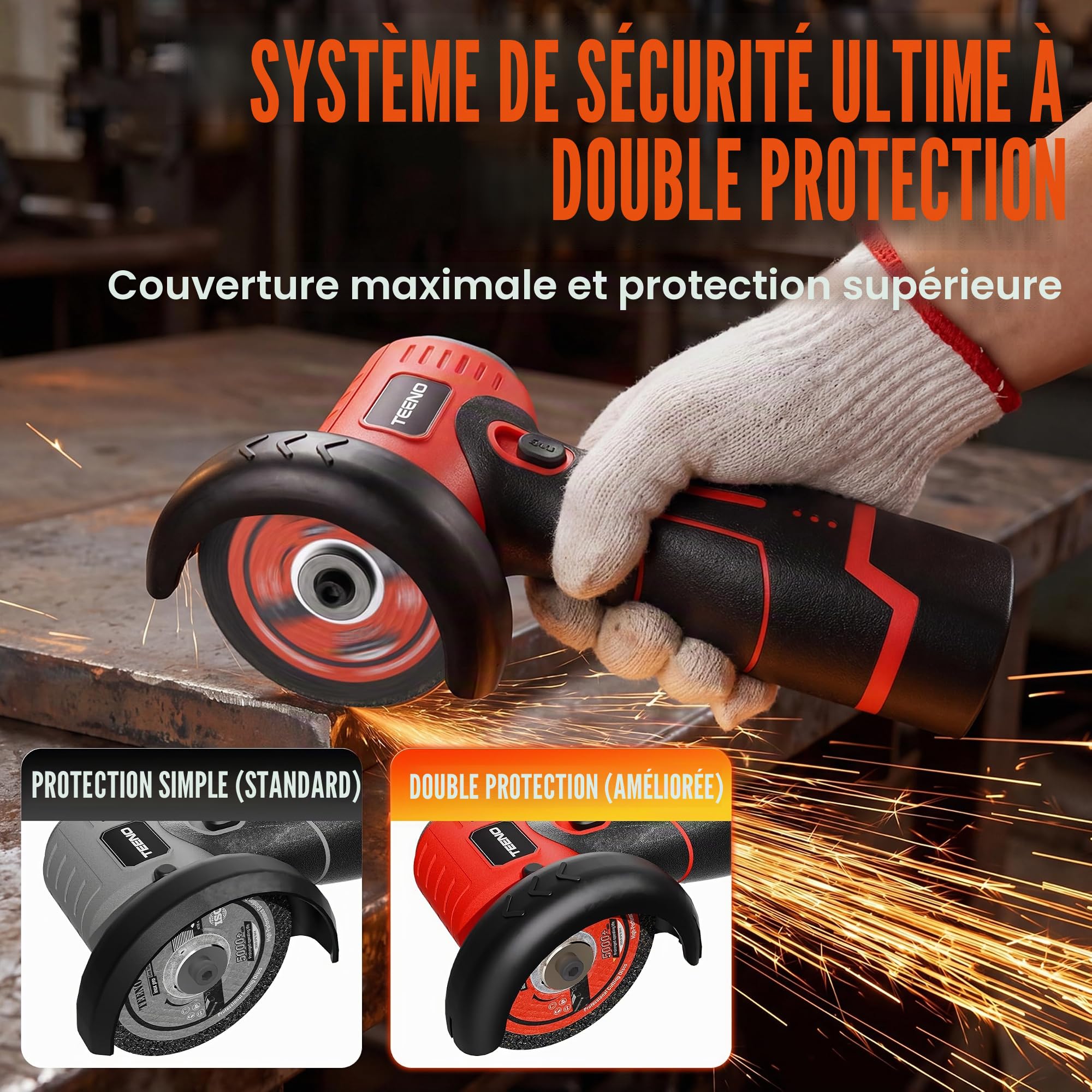 TEENO Meuleuse d'Angle Sans Fil Brushless 16,8V 76mm 19500 tr/min | Moteur 800W, Écran LED, 2 Batteries 2000mAh, 6 Disques & Coffret. Couper, Poncer, Polir métal, bois, carrelage.