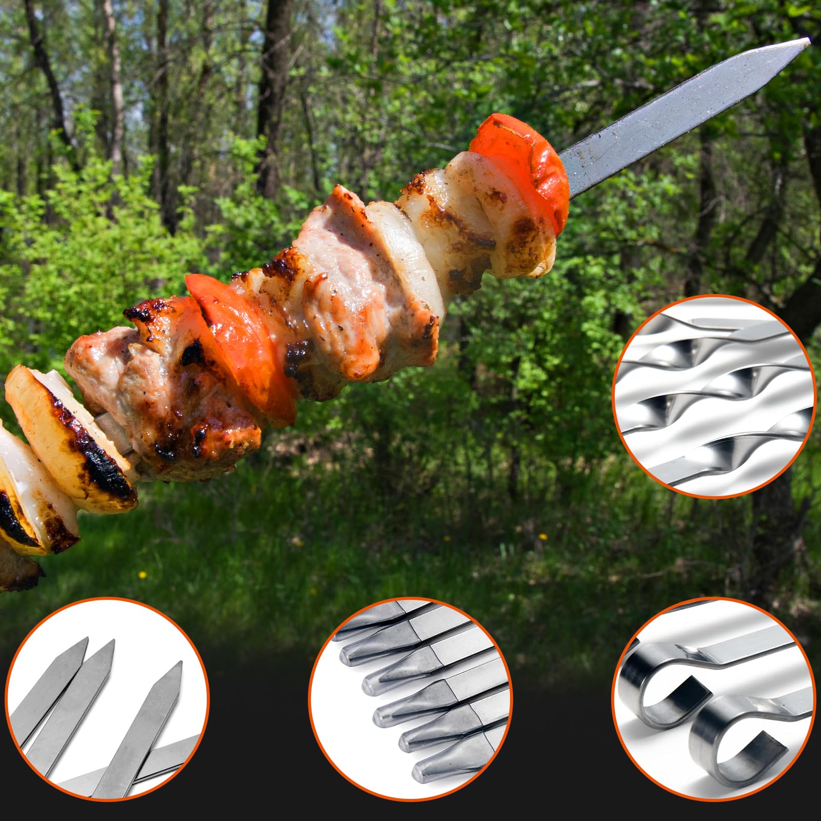 KEYIDO Lot de 10 brochettes à kebab en acier inoxydable de 55 cm, extra longues et plates pour barbecue, brochettes réutilisables avec sac de rangement portable (55,1 cm)
