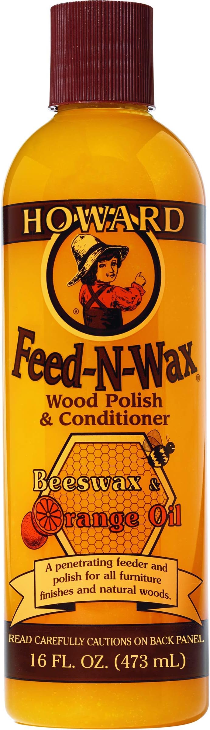Howard Products Beeswax Wood Polish & Conditioner, Feed-N-Wax, Beeswax Furniture Polish For Wood, 16 Oz, Orange