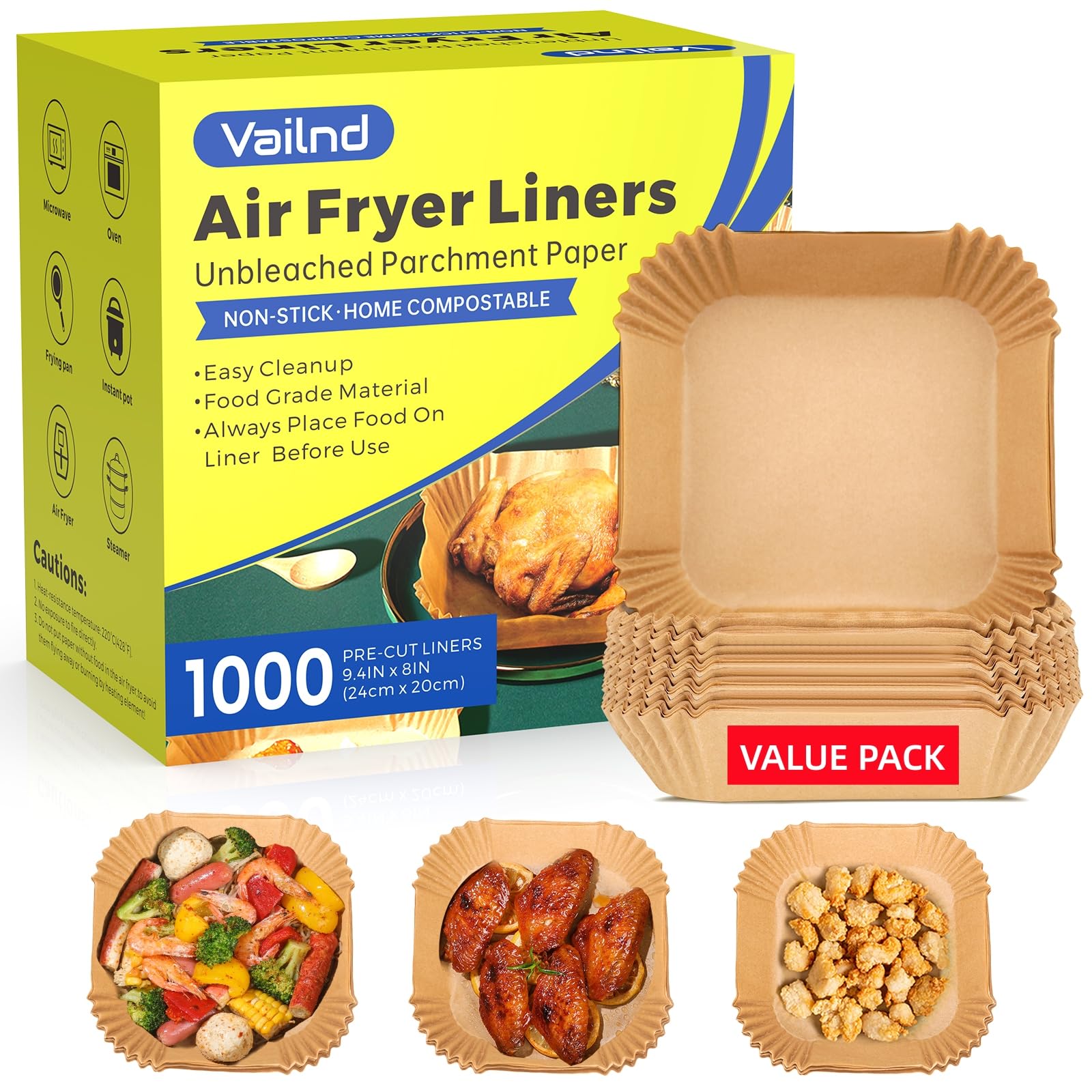 Photo 1 of 1000 Pcs Air Fryer Paper Liners Value Pack, 8" Square Air Fryer Liners Disposable, Heavy-Duty Parchment Paper for 5-8 qt Airfryer Basket, Non-Stick & Grease-Proof Baking Liner for Oven Pan