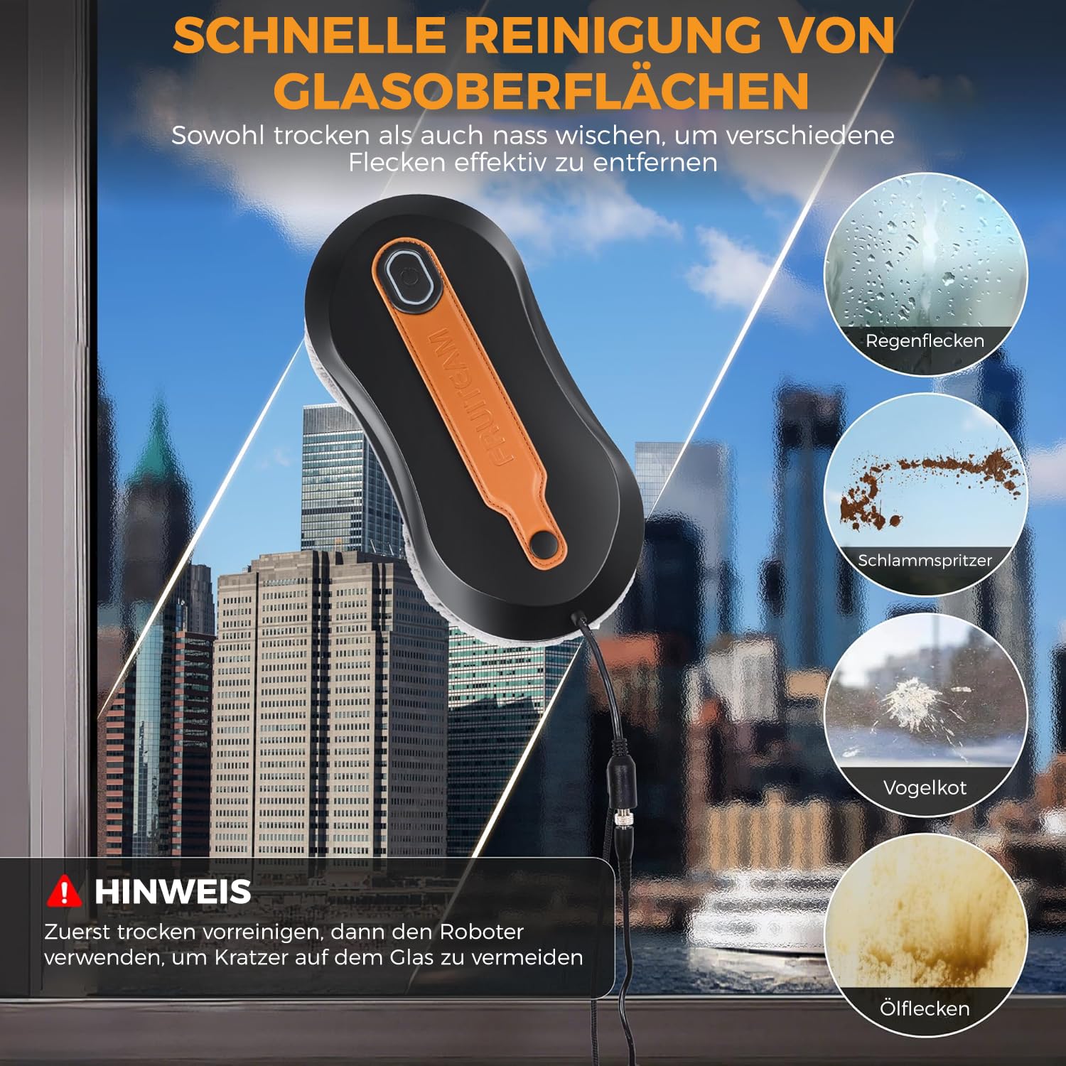 FRUITEAM Automatischer Fensterputzroboter mit zweiseitiger Zerstäubung, App- und Fernbedienung, intelligenter Wegerkennung, dreifaches Absturzsicherheitssystem, geeignet für Fenster, Glas und Türen