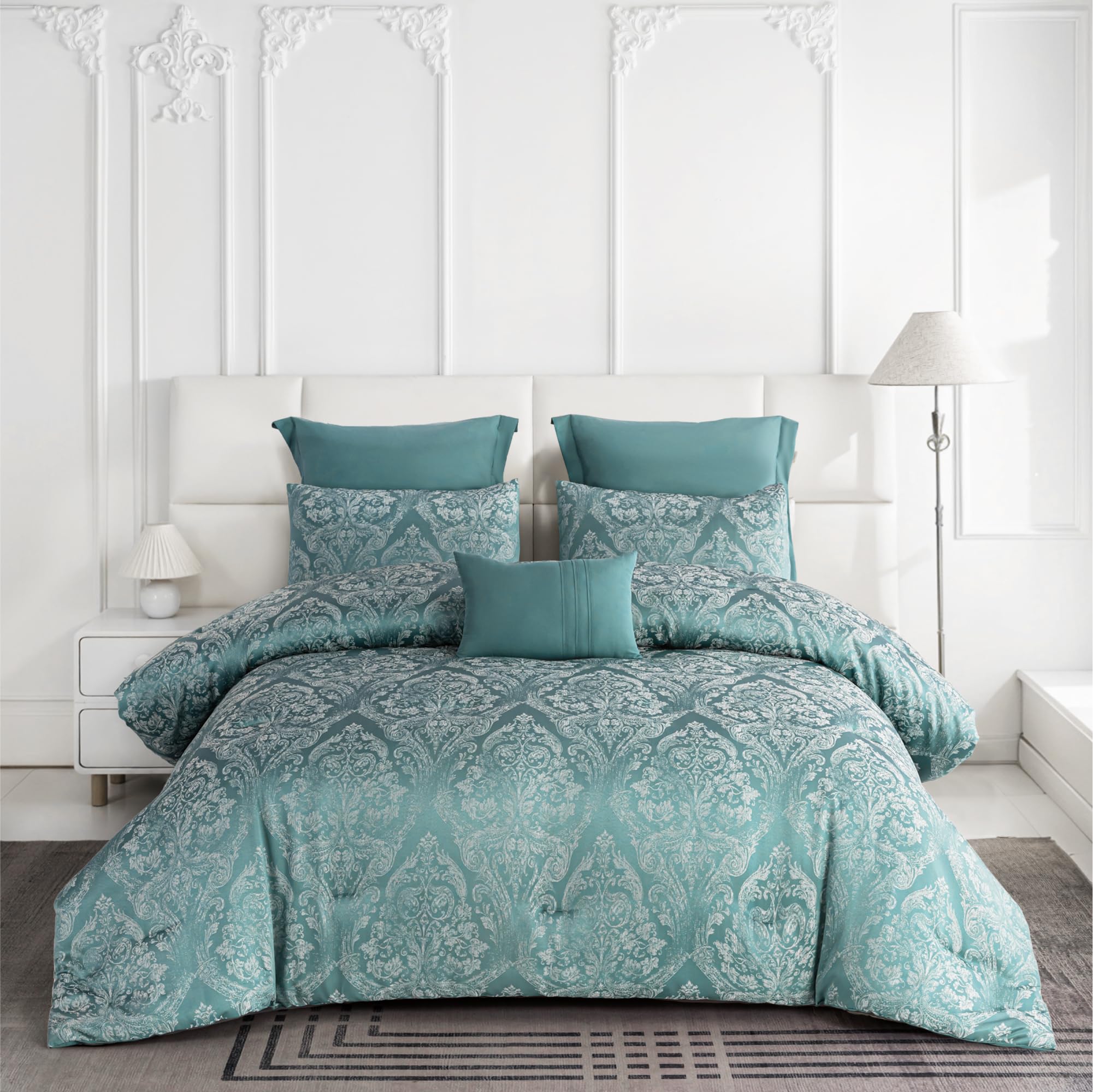 Sophia & William Queen Comforter Set, 6 Piece Jacquard Bedding Comforter Set(Emerald Green), All-Season Bedding Sets - 1 Comforter, 2 Pillow Shams, 2 Euro Shams, 1 Throw Pillow