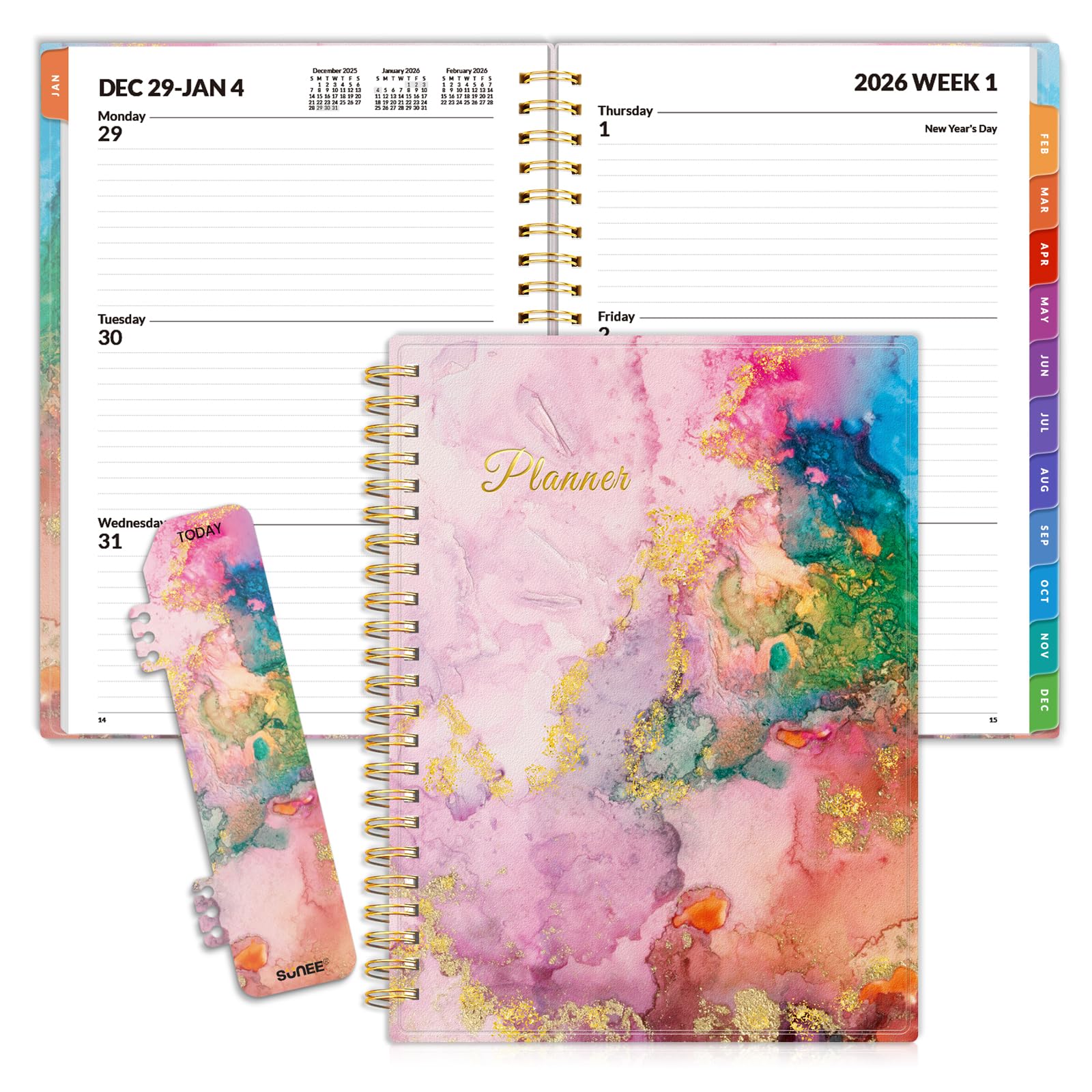 SUNEE 2026 Weekly and Monthly Planner - from January 2026 - December 2026, Daily Agenda Planner with Monthly Tab, Flexible Cover, Note Pages, Pockets,