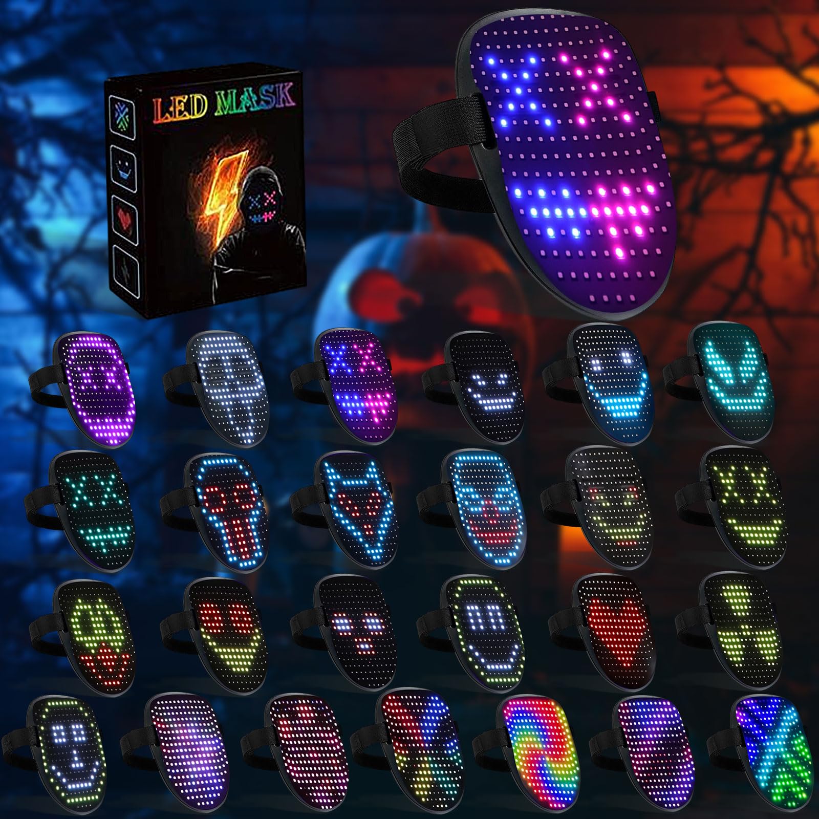 Maschera di Halloween a led, maschera luminosa con 25 modelli statici + 25 dinamici con rilevamento dei gesti Maschera spaventosa per Halloween, Cosplay, Masquerade