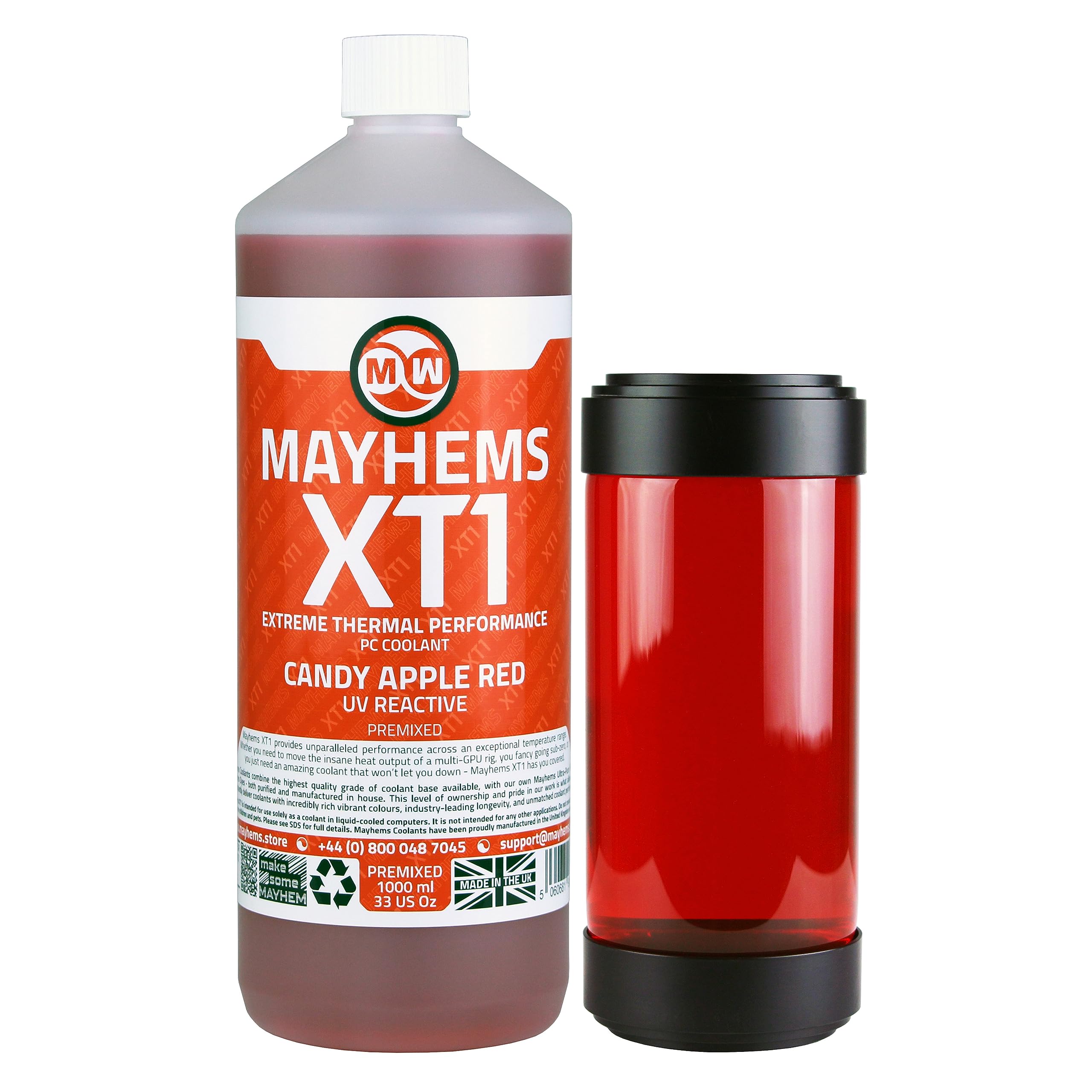 Mayhems - XT1 Premixed PC Coolant - Computer Water Cooling Fluid - Liquid Cooling, Thermal Performance Series, UV Fluorescent, 1 Litre, Candy Apple Red