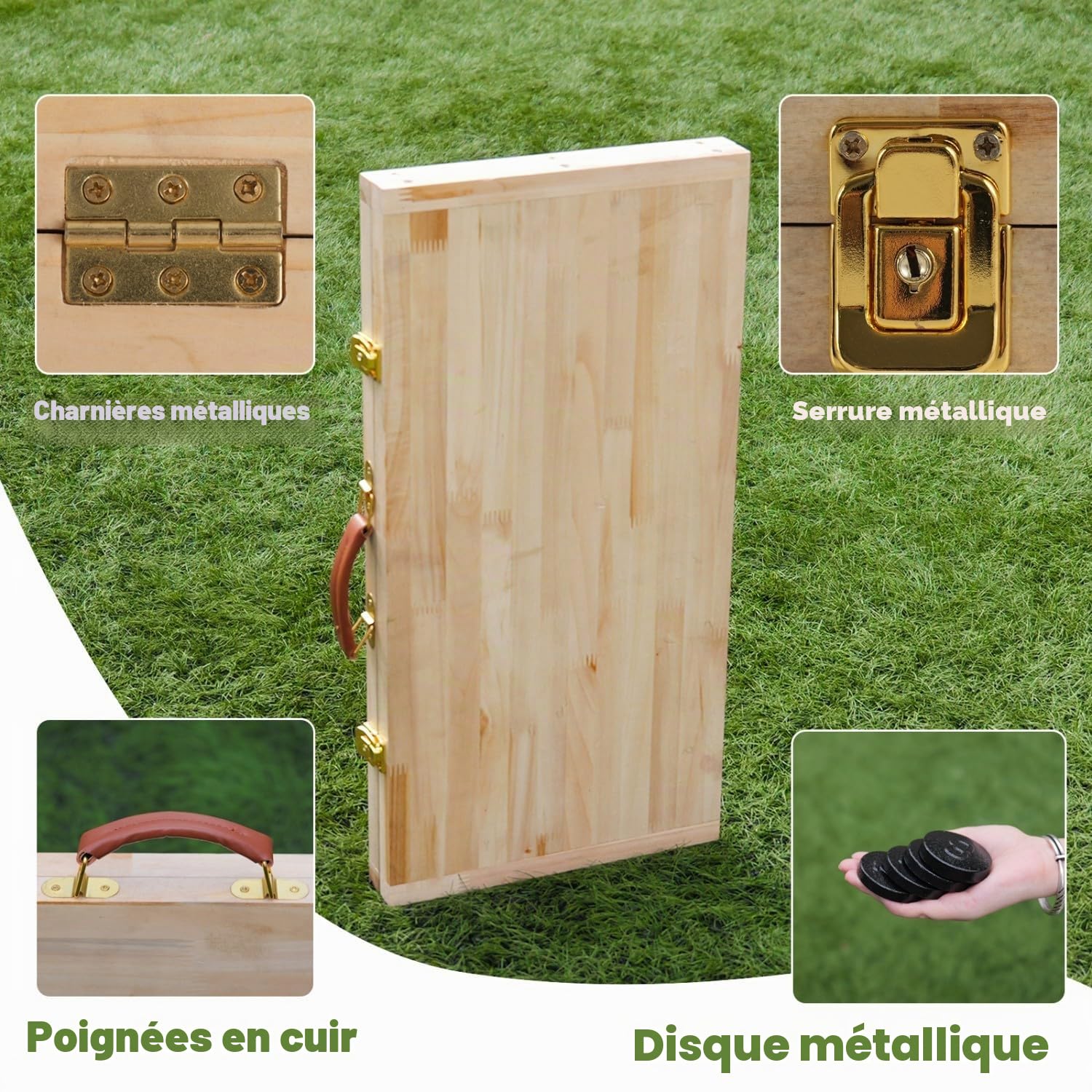 Lawn Outdoor Family Game Wooden Breton Palet Board Game Solid Wood Gaming Board Cornhole Board with 12 Metal Discs Palet Breton Game Set Backyard Games