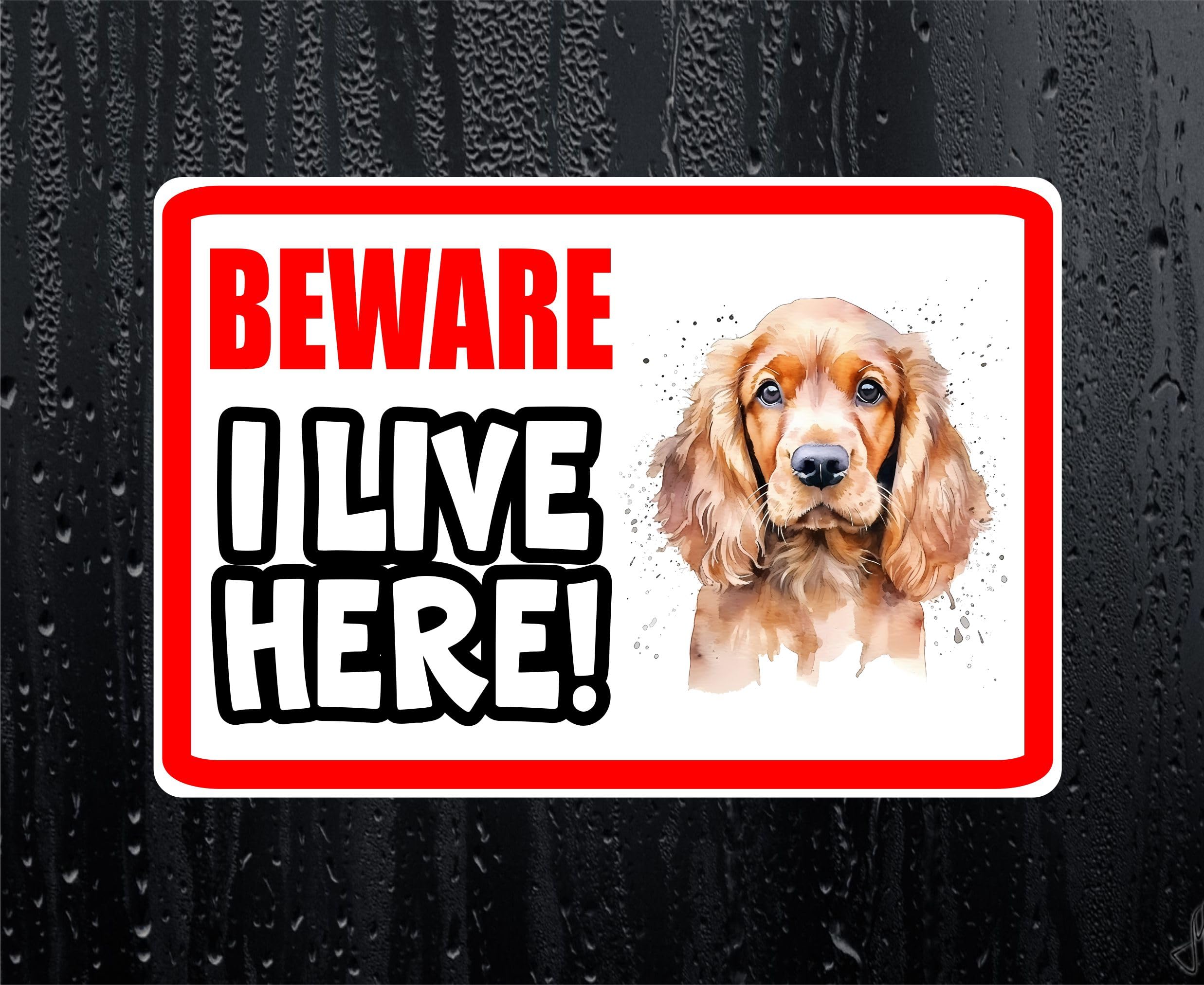 Decalarama White Beware I Live Here – Cocker Spaniel House/Home Window/Door/Porch Printed Sticker