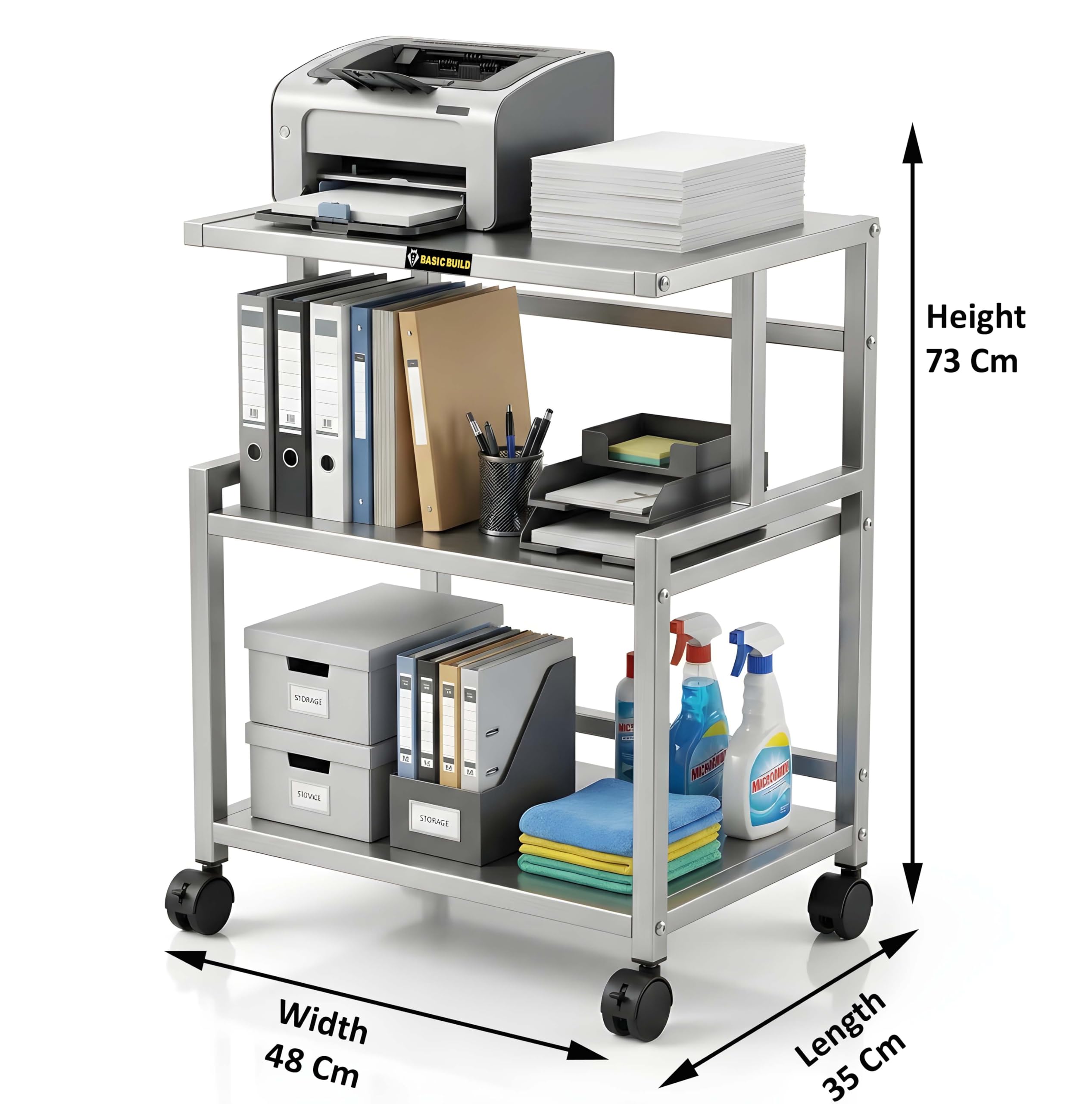 Basic Build Silver Heavy-Duty Printer Stand with Wheels | Metal Iron Storage Rack for Printer, Files, Books & Office Use (Silver) 1