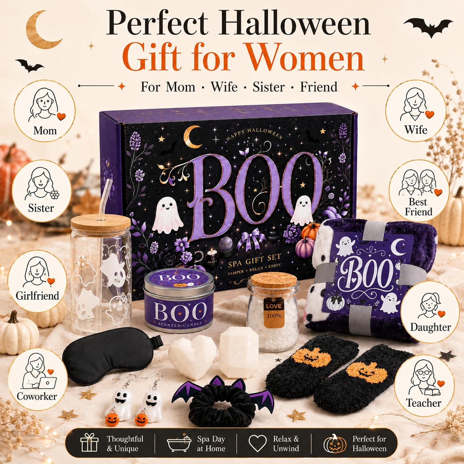 Halloween Gift Basket for Women, Boo Basket Stuffers for Her with 3.3 x 5 ft Blanket, 16 oz Ghost Glass Cup, Lavender Spa Set, Candle, Bath Salts, Soap, Socks and Accessories, Purple