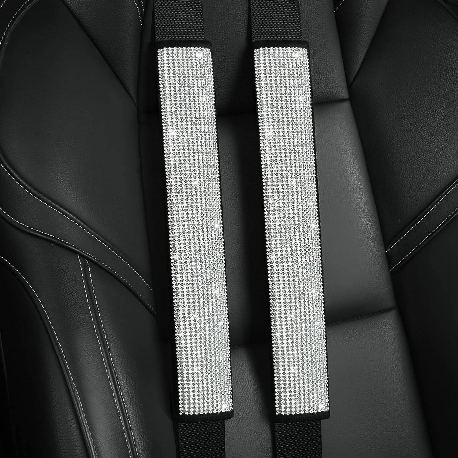 HighnessHwoo Bling Car Seatbelt Covers for Women Girls, Rhinestone Crystal Velvet Seat Belt Cushion Pad Cover Protector, Diamond Shine Safety Shoulder Pad, Car Interior Accessories, 2pcs, Silver 34cm