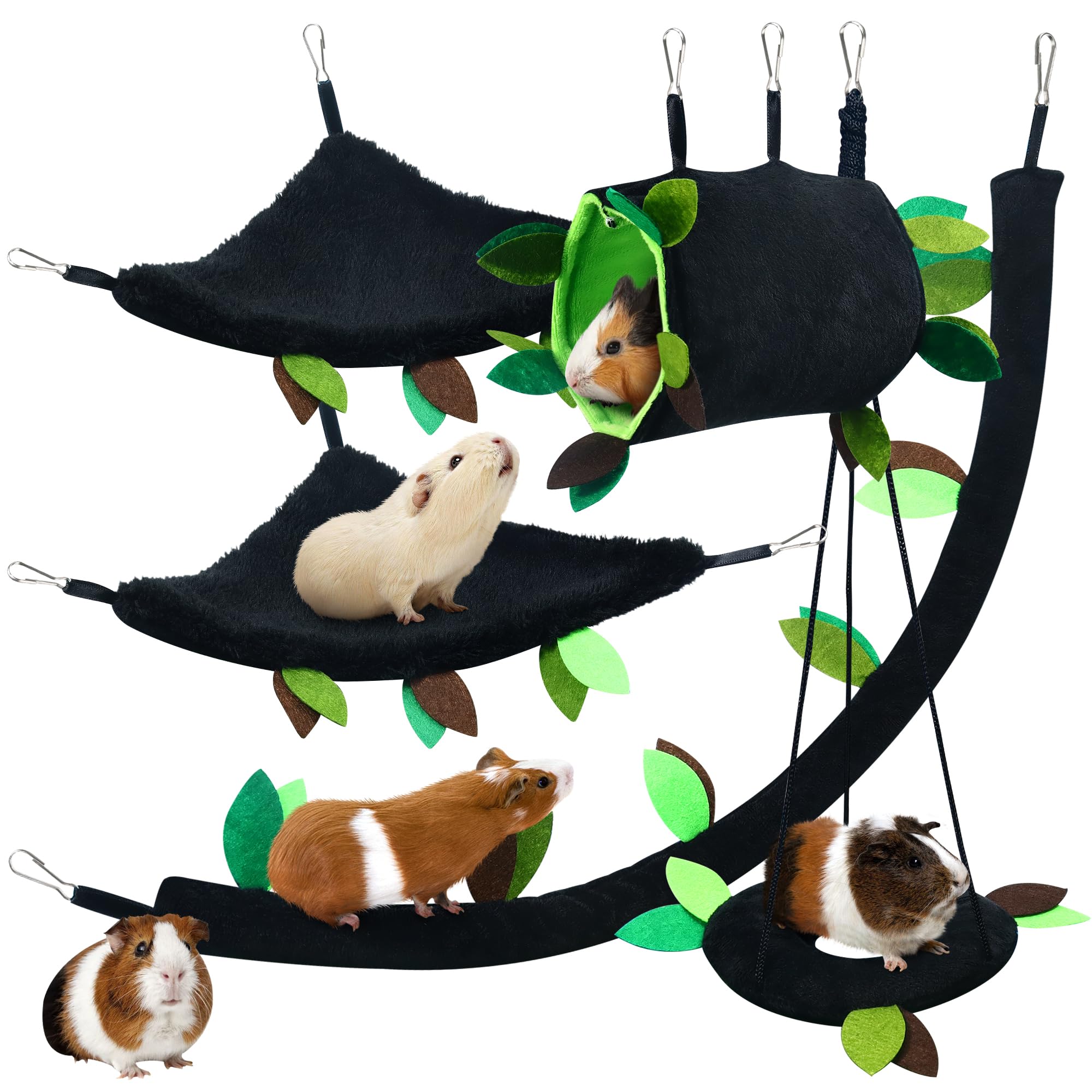 Lot de 5 hamsters à suspendre pour hamster, rat, cochon d'Inde, cage jouet accessoire de cage à motif forêt, tunnel et balançoire pour petits animaux, planeur, écureuil jouant au sommeil (noir)