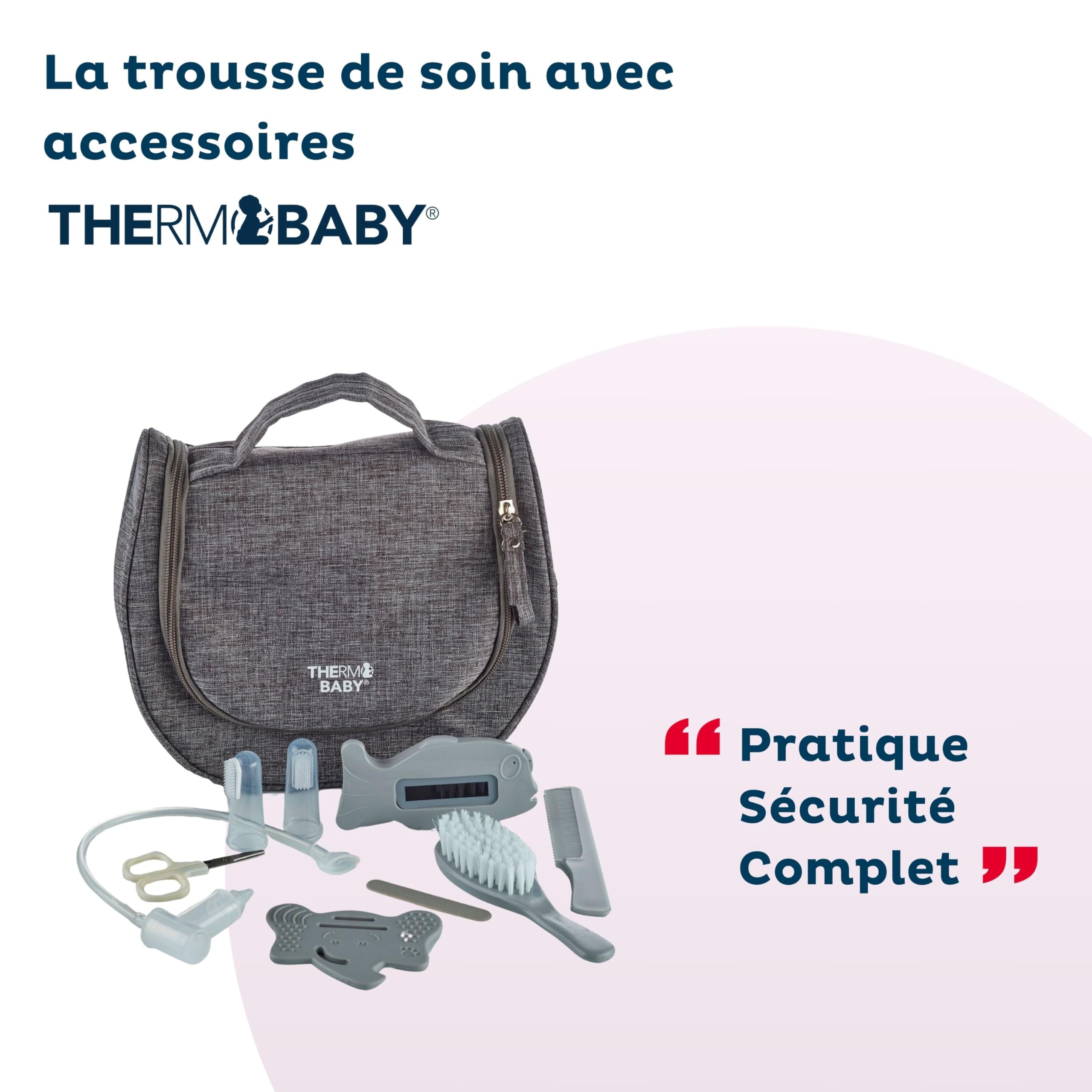 THERMOBABY Pflegeset mit 9 Zubehörteilen – Thermometer – Bürste – Kamm – Schere – Feile – Beißring – Fliege Baby – Fingerbürste – ab der Geburt