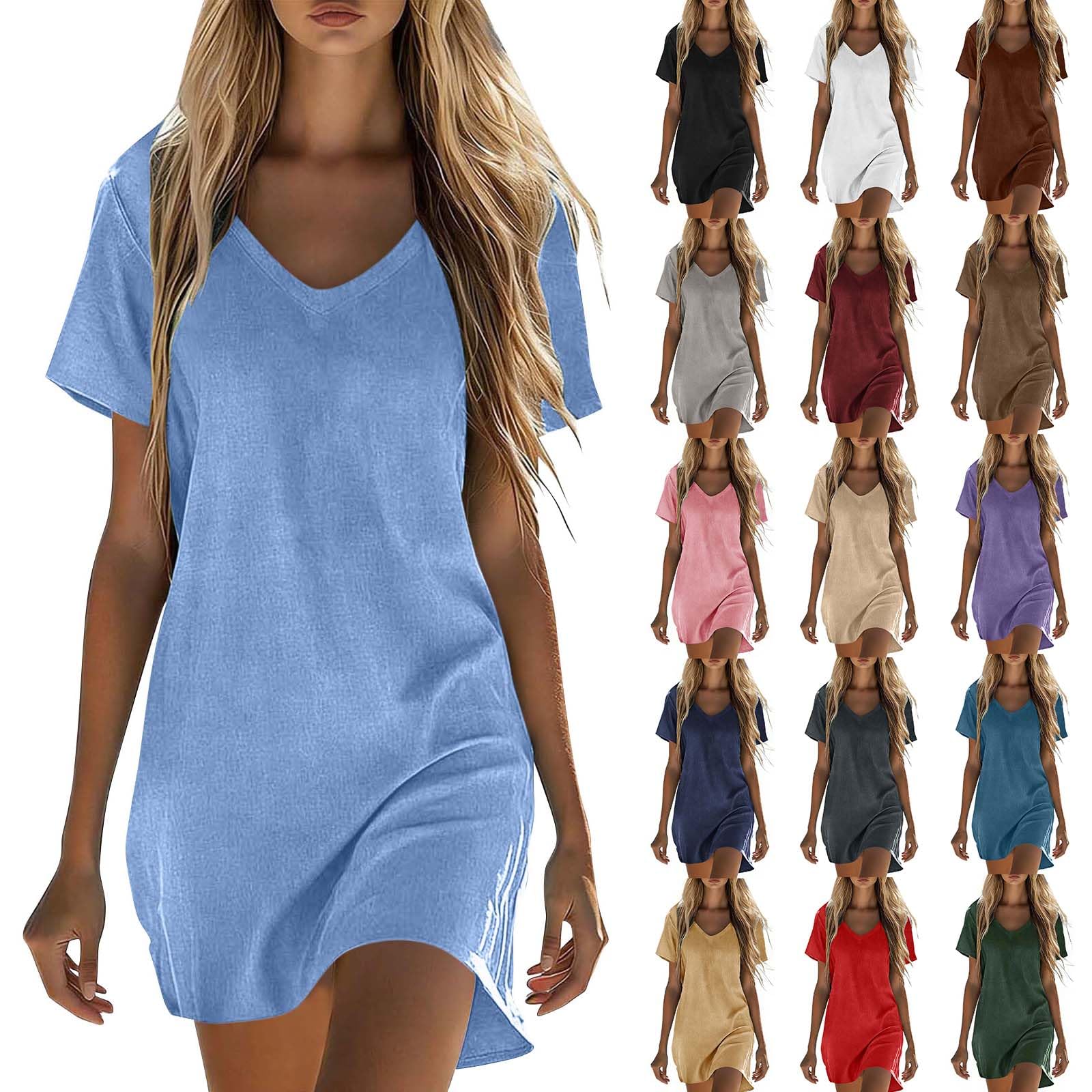 RLEHJN Sommerkleid Damen Midi,Baumwolle Leinen Kleid Kurzarm Saum Taille Freizeitkleid V-Ausschnitt Sommerkleid Damen Leicht und Luftig Casual Strandkleid Einfarbig Midikleid Tshirt Kleid S-5XL