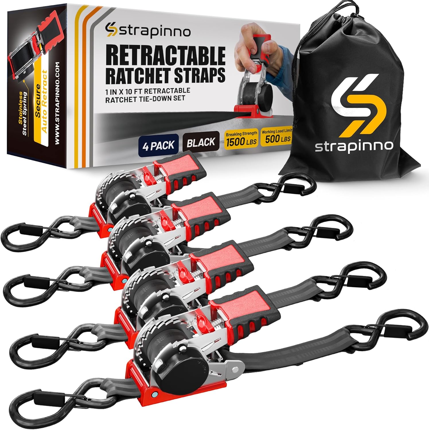 Strapinno Retractable Ratchet Straps 1 in x 10 ft, Secure Tie-Downs with Rubber-Coated Steel Handles, for Motorcycle, Jetski, Kayak, Breaking Strength 1,500LBS/680KG (Black Strap, White Zinc Coated)