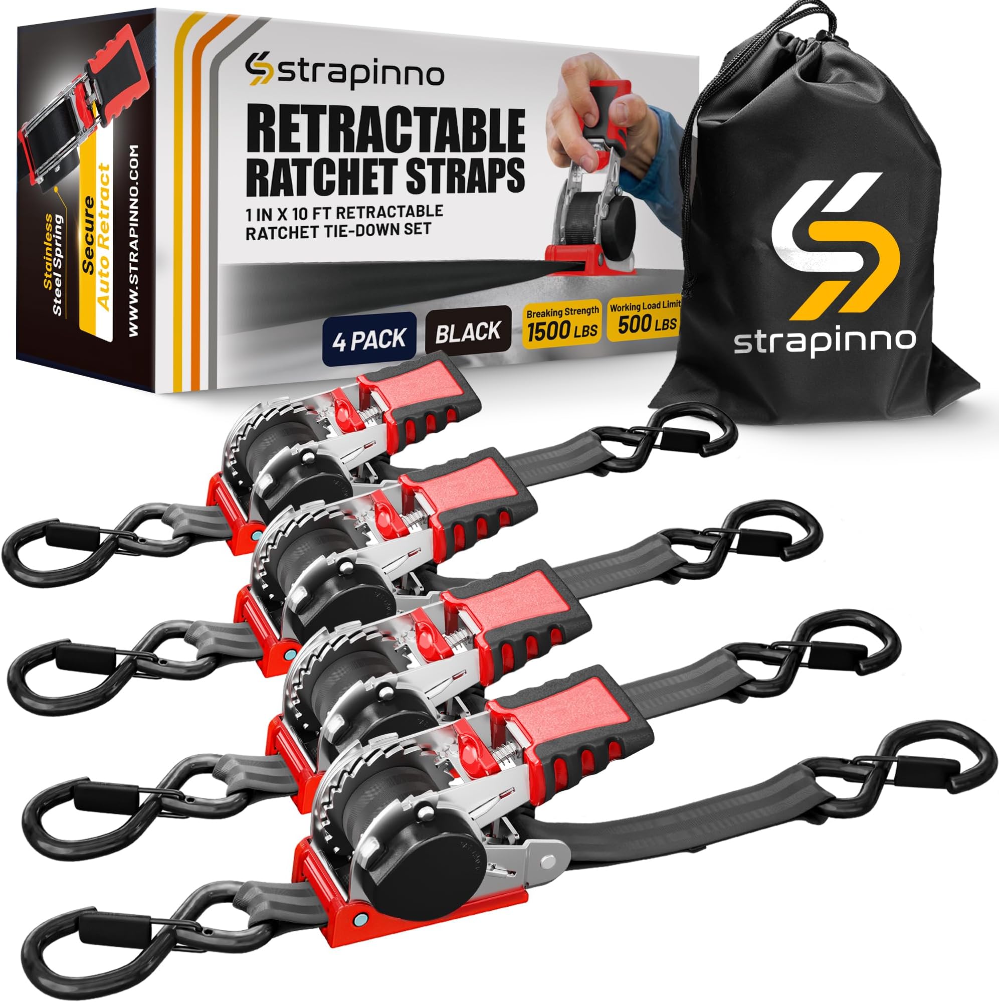 - Strapinno Retractable Ratchet Straps 1 in x 10 ft, Secure Tie-Downs with Rubber-Coated Steel Handles, for Motorcycle, Jetski, Kayak, Breaking Strength 1,500LBS/680KG (Black Strap, White Zinc Coated)