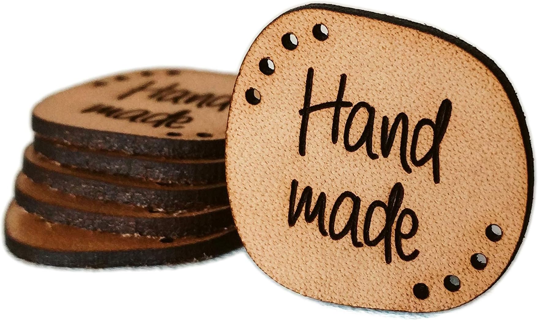 Handmade Leather Labels"Hand Made" Mod. HMS2 - Exclusive Engraved Genuine Italian Leather Tags (Standard Text - 15 Pieces)