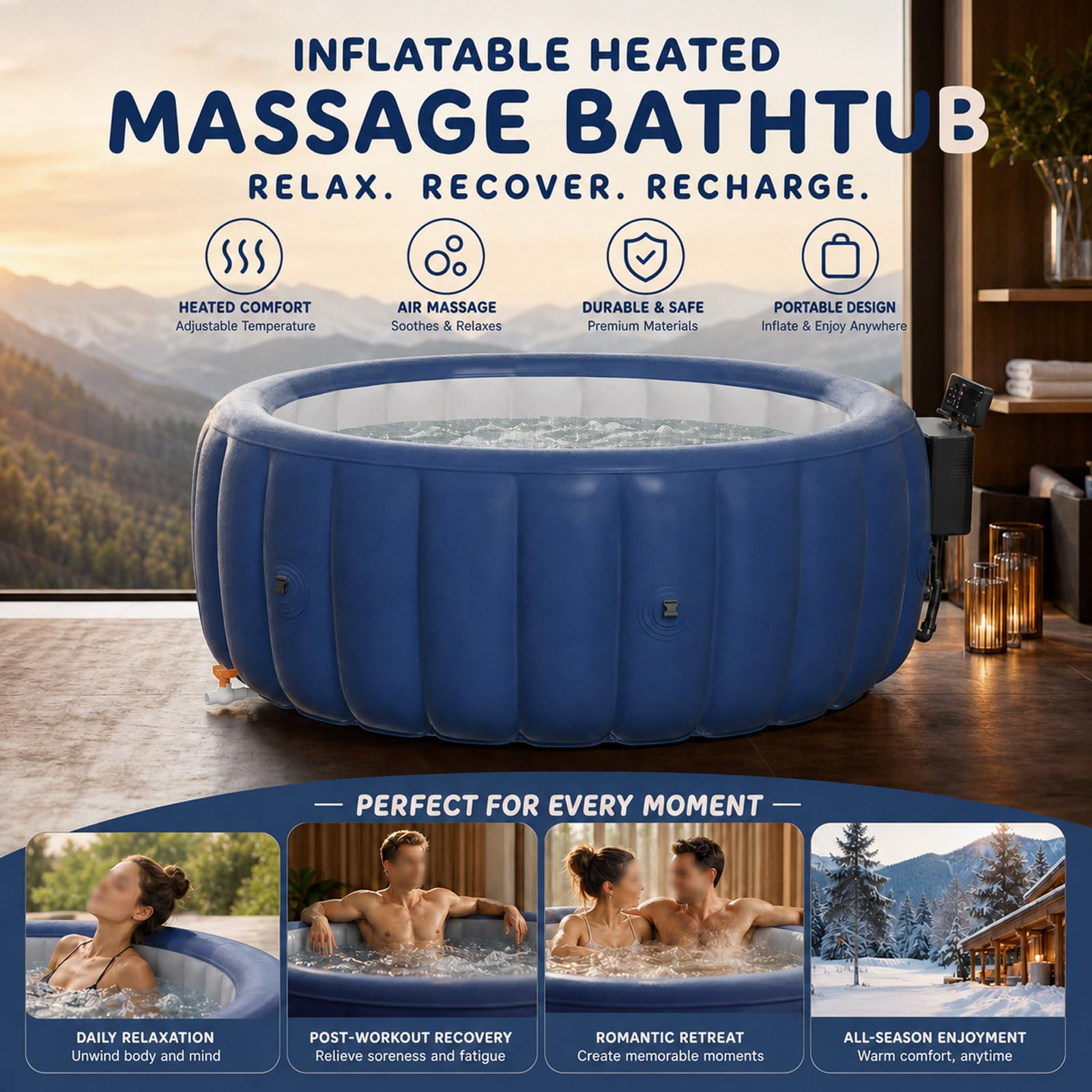 Hot Tub Gonfiabile per 2 Persone, in/Outdoor Spa, Piscina Invernale, Spa Gonfiabile Rotonda per Famiglie, Spa Relax da Esterno con di filtrazione e circolazione