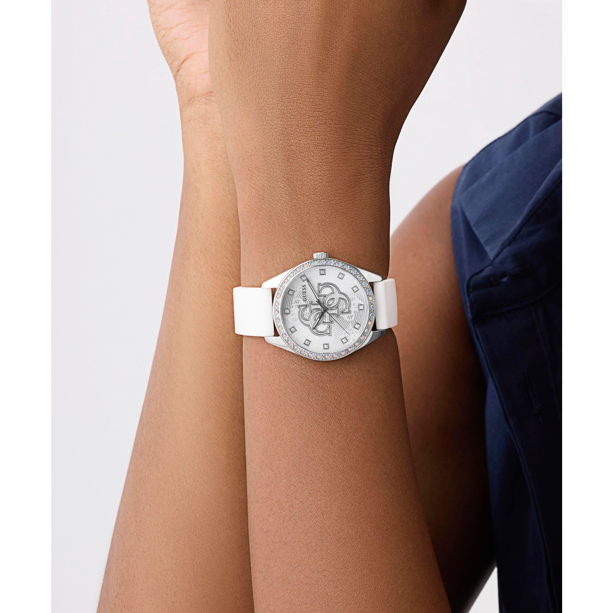 GUESS Reloj de Mujer AVA GW1042L1 Analógico, Movimiento Cuarzo, Caja Acero Inoxidable, Correa Blanca de Silicona