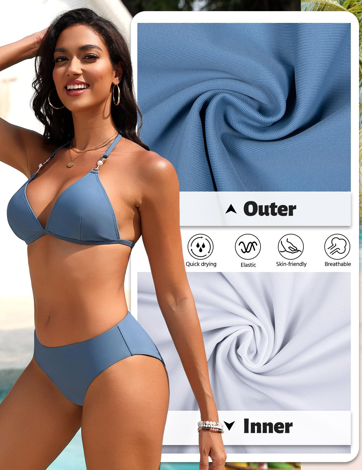 Bikini Mujer Tanga Traje De Baño para Mujer Cuello en V Push Up Triángulo Bikini Top Conjunto de Bikinis Tanga Bañador Sexy Swimwear Vikini con Pearl Strings