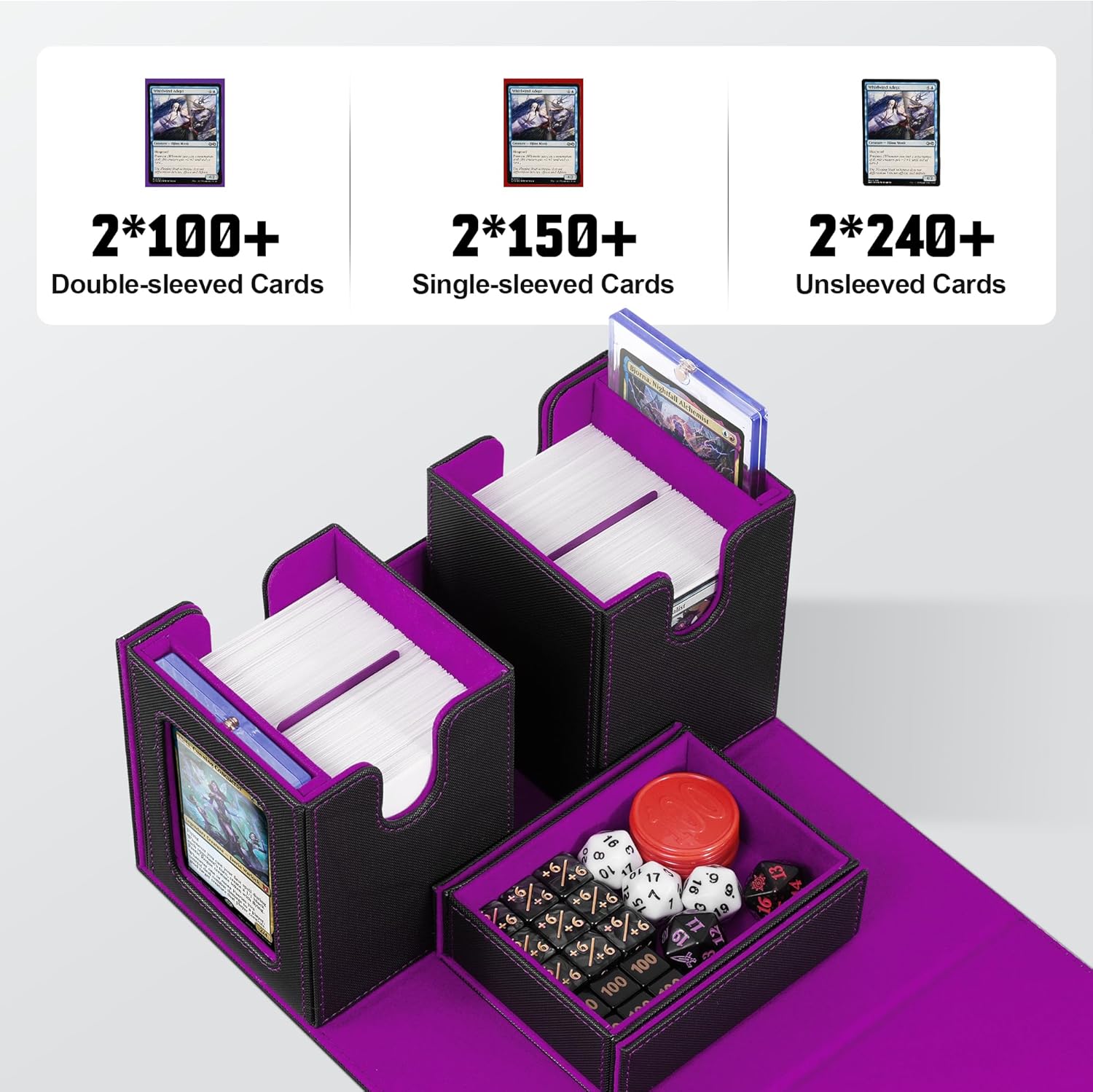 ZLCA Card Deck Box with Commander window Display, MTG Deck Box with Dice Tray Holds 200+ Double-Sleered Cards,Card Storage Case fit for YuGiOh,MTG,Sport (Black&Purple)