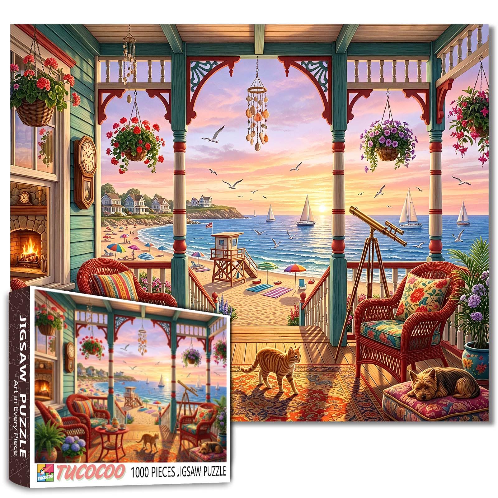 Scenic view Jigsaw Puzzles 1000 Pieces for Adults, Families(Sunset at sea,Sailing boat,Beach house) Pieces Fit Together Perfectly 19.7''x27.6''inch Frameable Freedom Puzzle Art — image 1