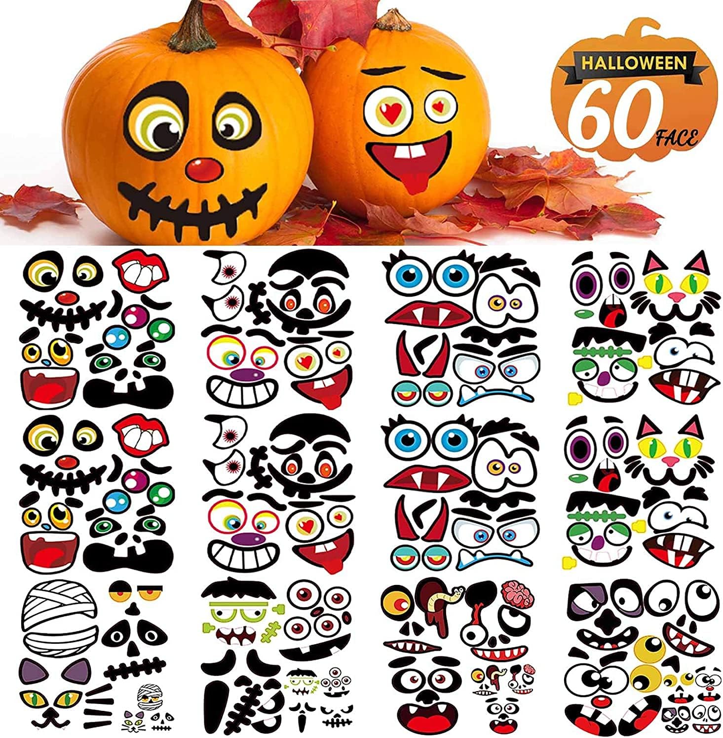 Woochic Halloween Pumpkin Decorating Stickers, Jack-O-Lantern Face Decals Kit for Pumpkins and Squashes, 60 Cute Expressions Crafts Stickers Halloween Treat Party Supplies Idea Gifts for Kids