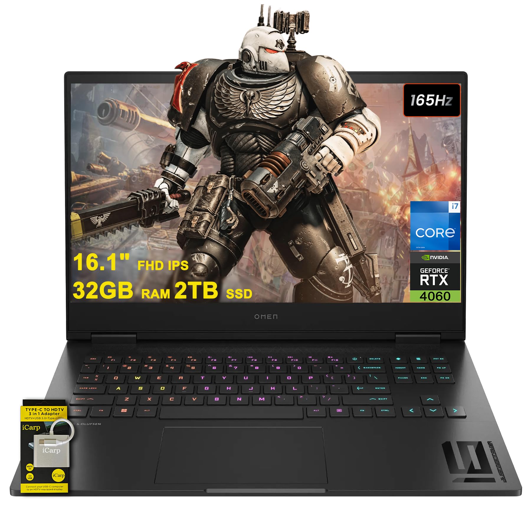 HPOmen 16 Gaming Laptop 16.1" FHD IPS 165Hz (100% sRGB) Intel 10-core i7-13620H 32GB RAM 2TB SSD GeForce RTX 4060 RGB Backlit FHD Privacy Camera Fast Charging B&O Win11 w/ICP Accessory