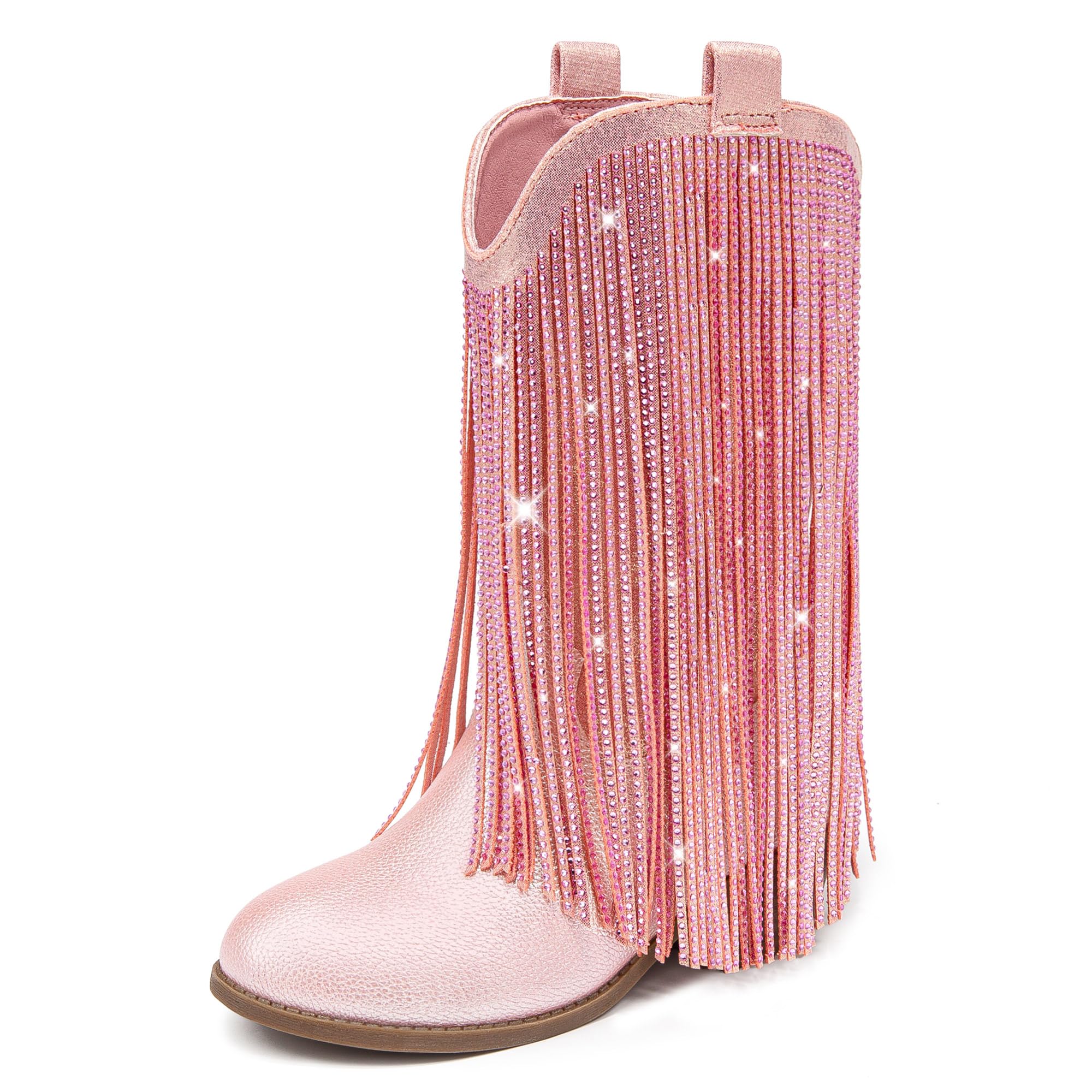 Photo 1 of LAURMOSA Toddler Cowgirl Boots for Girls Cowboy Fringe Rhinestone Pink Sparkly Boots Kids Size 9 Cow Girl Western Boot Tassel Mid Calf Pointed Toe Low Heel Party Birthday Dress Dance (L1056PUPink 9)