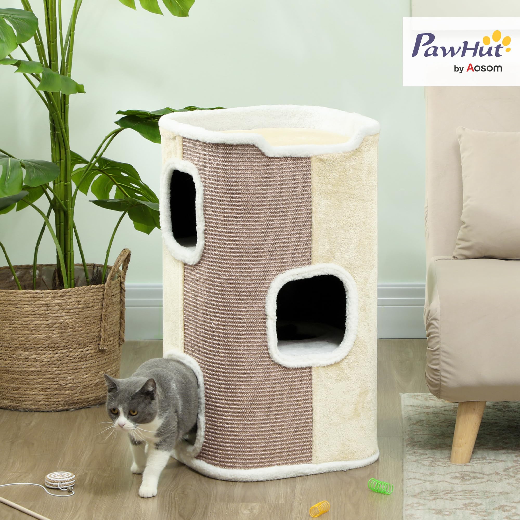 PawHut Tonneau à chat à trois étages de 74 cm de haut avec coussin, bord en peluche, grotte pour petits chats, beige + blanc